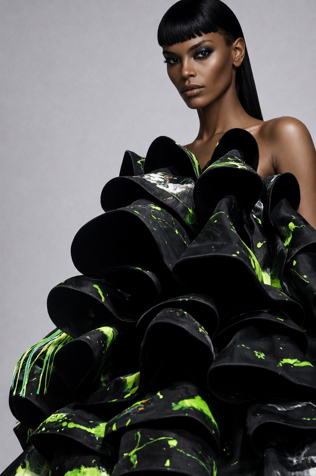 Model wearing a black ruffle gown with hand painted abstract design on a gray background