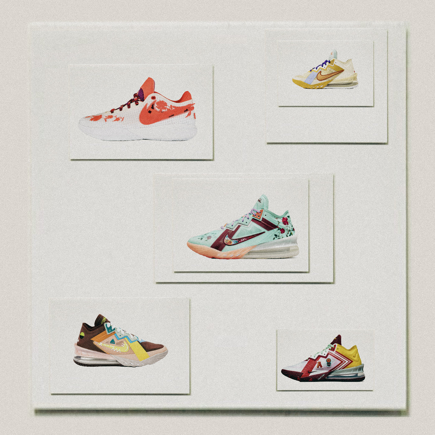 The full collection of the collaboration of sneakers between LeBron James, Nike Basketball and Mimi Plange. Set of colorful sneakers displayed on a light gray background