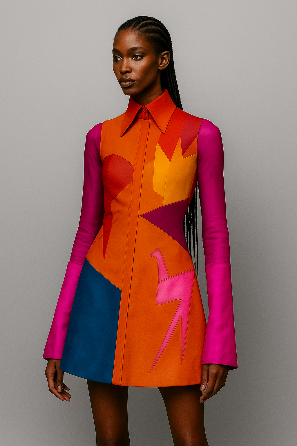 Model wearing a colorful hand-painted leather geometric dress with pink, orange, and blue design inspired by the Kuba tribe of Sudan on a gray background