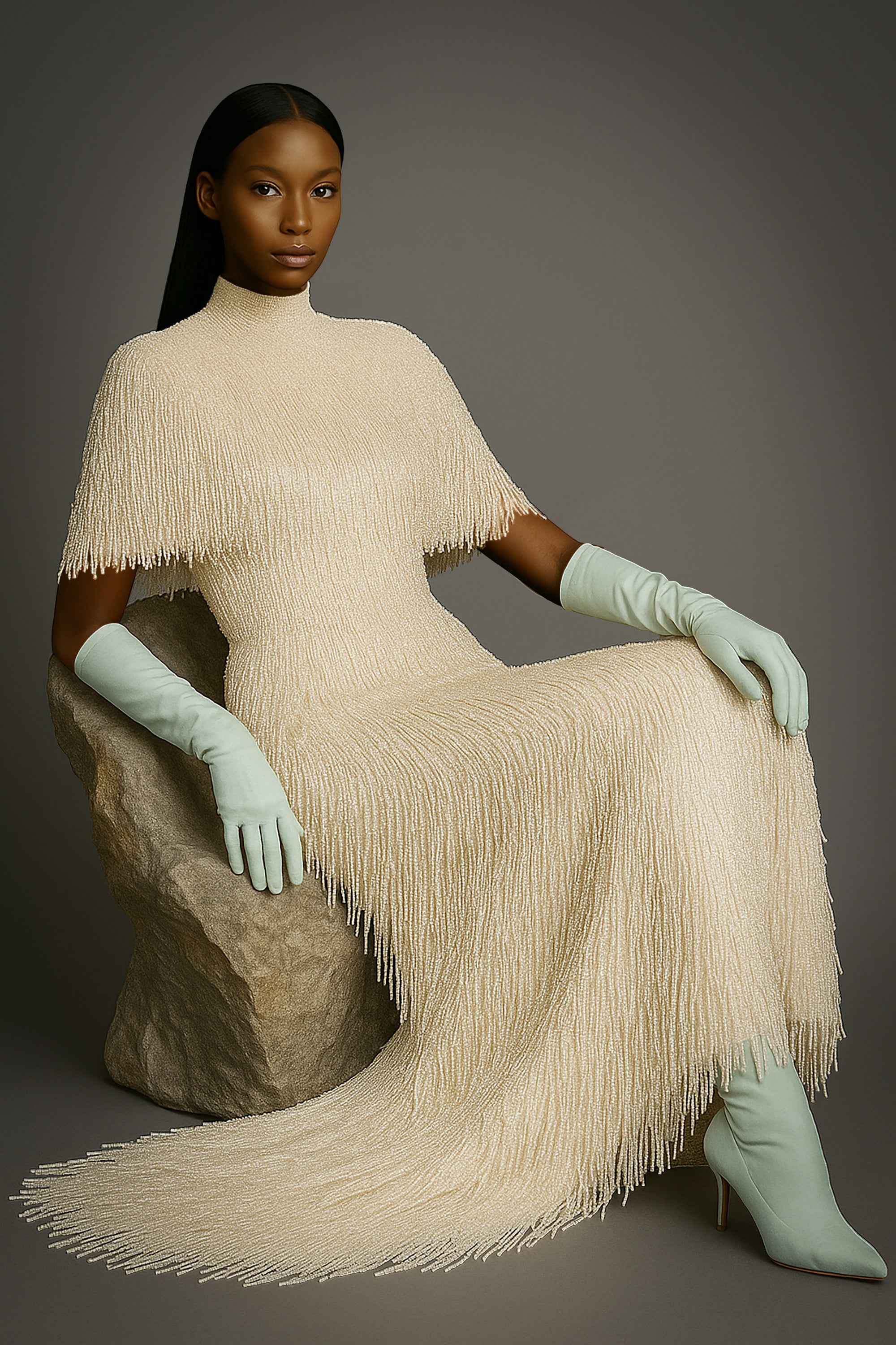 Woman wearing an embroidered beige pearl fringe dress gown with seafoam green leather gloves and shoes on a gray background