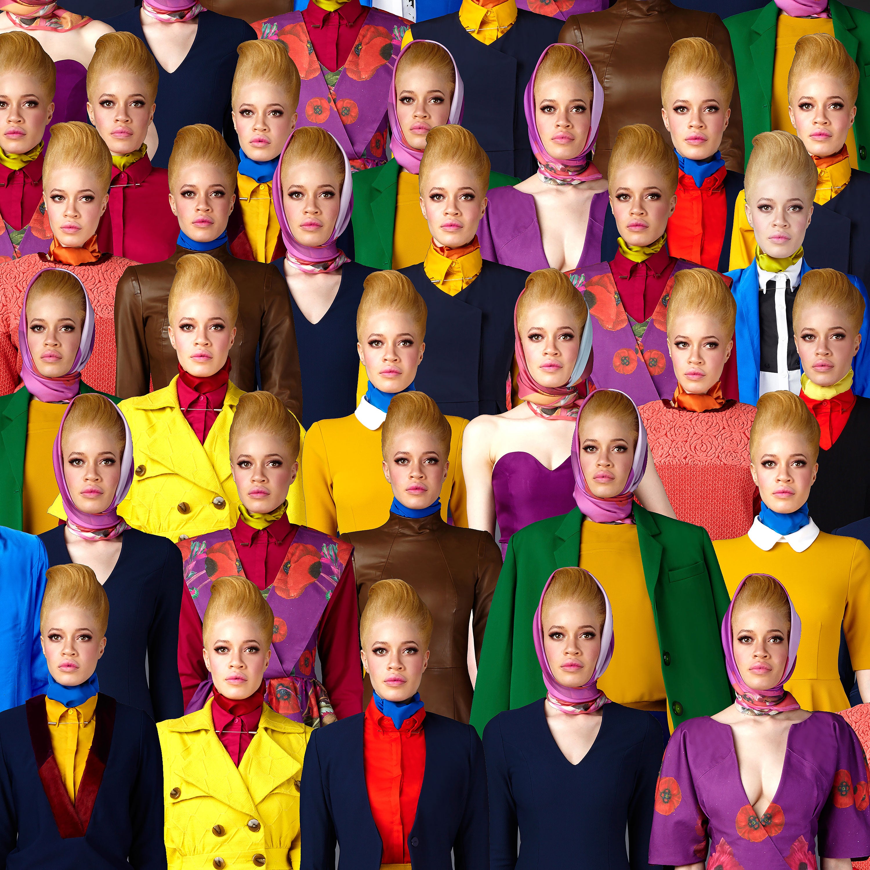 Model Diandra Forrest wears Mimi Plange in playful Collage of women in various colorful outfits with headscarves by Mimi Plange.