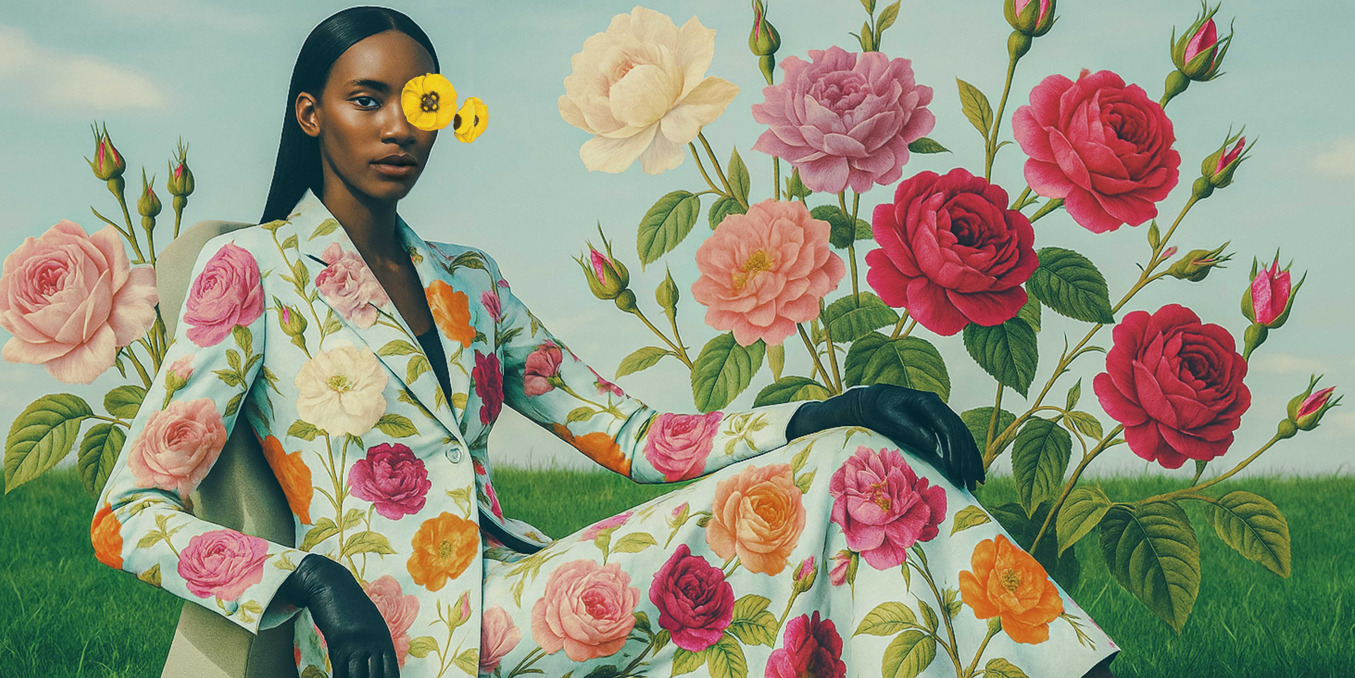 Victorian Illustration of a Woman in a floral blazer and maxi skirt suit surrounded by flowers with a colorful background