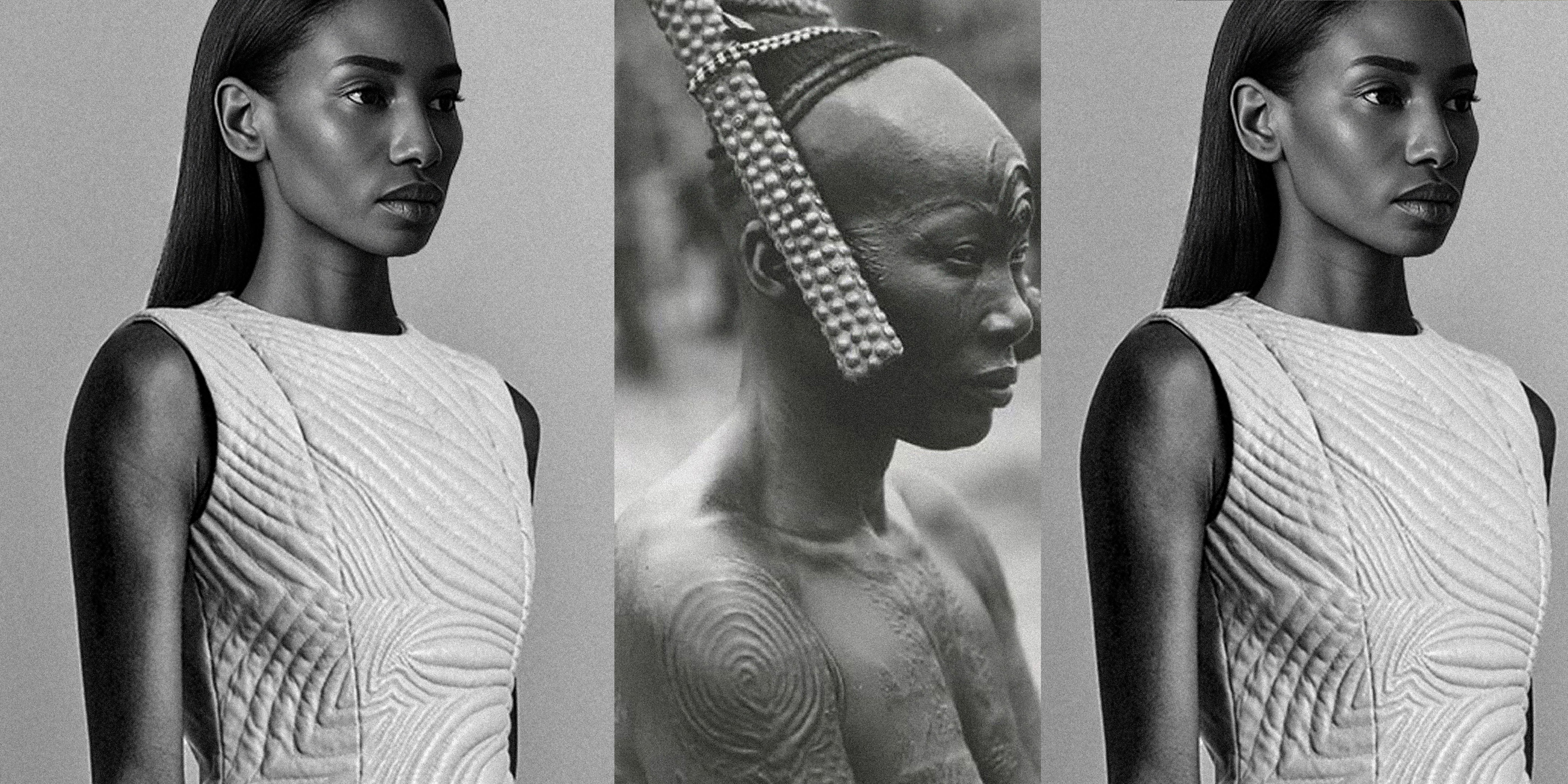 Three black and white portraits of a woman with intricate Mimi Plange leather trapunto embroidery patterns on her dress alongside a woman with African Scarification.