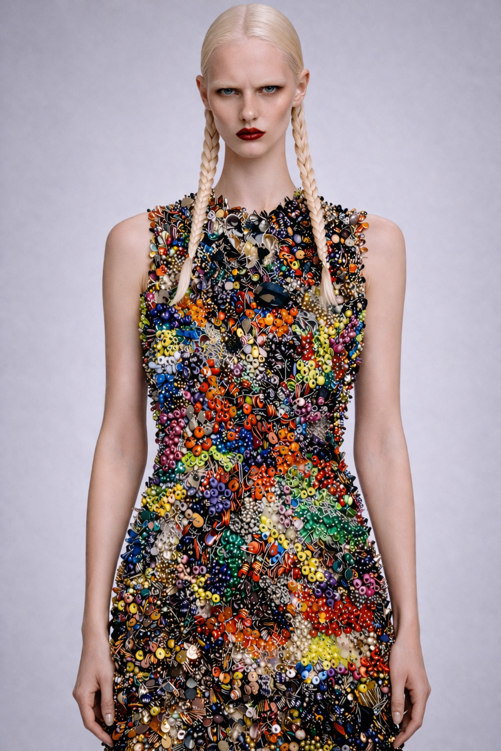 Model wearing a colorful beaded dress against a plain background