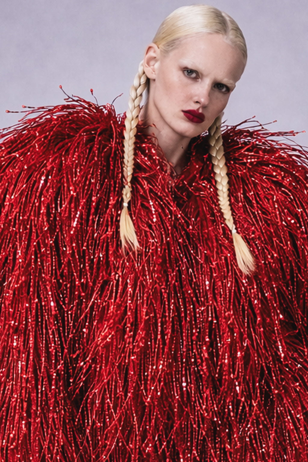 A blonde model wearing a red, beaded fringe oversize coat with braided hair against a gray background