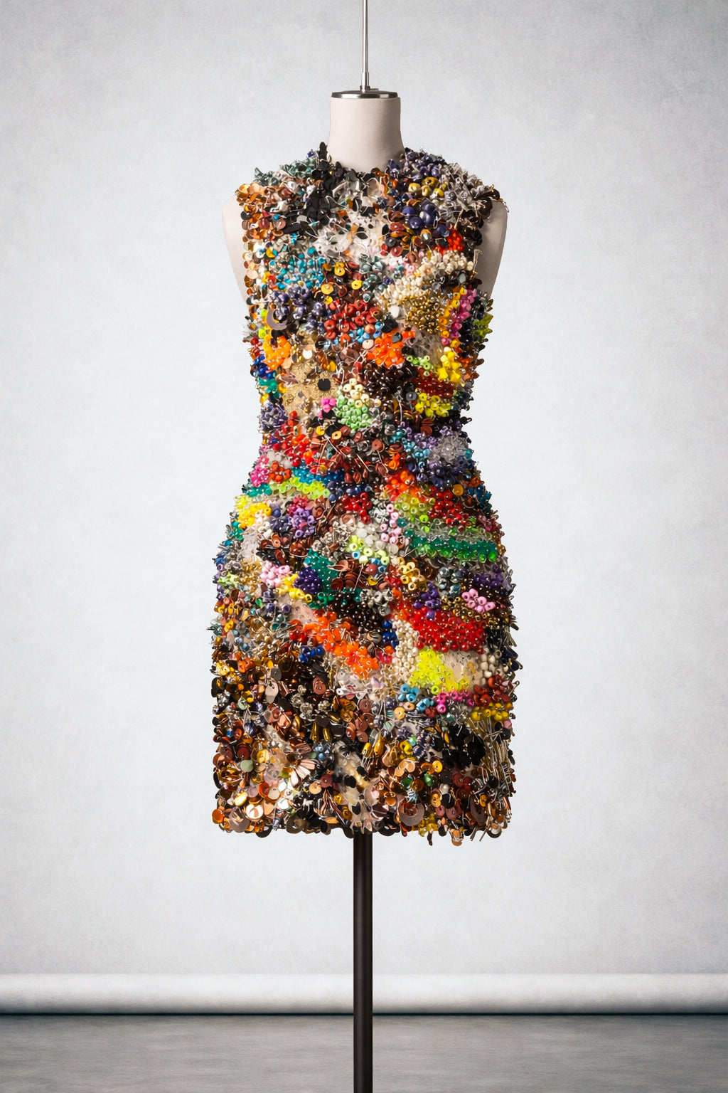 Colorful dress made of beads from all over Africa on a mannequin against a plain background