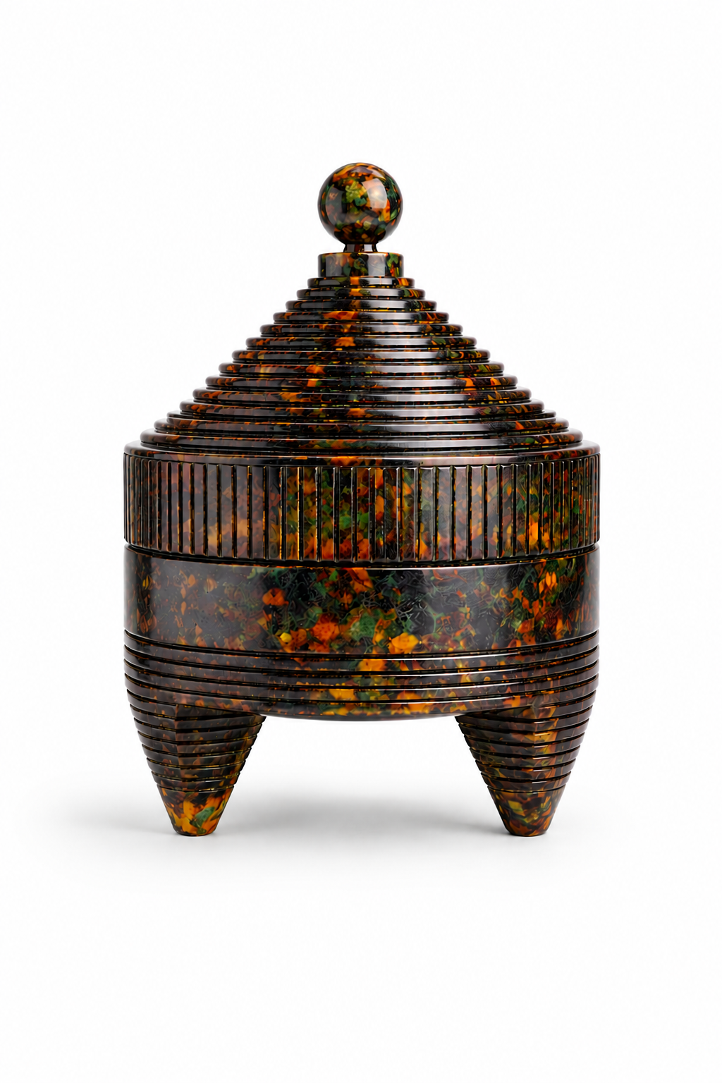 Decorative architectural urn with a ribbed design and multicolored pattern on a white background