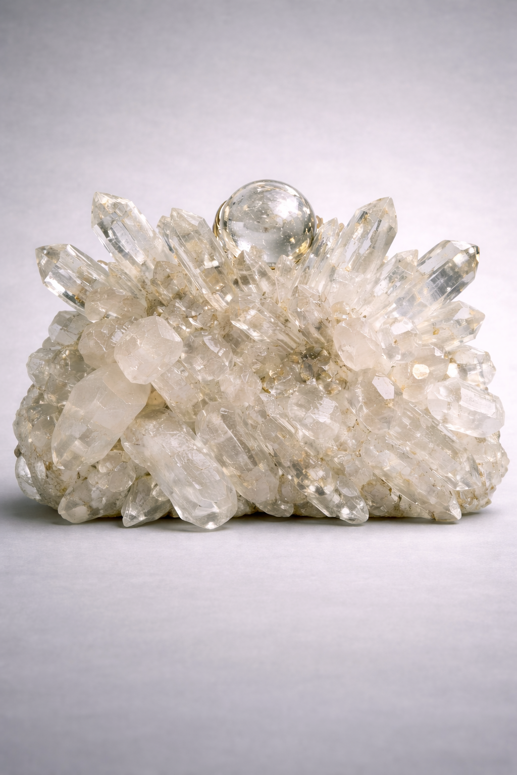 Crystal cluster evening clutch bag on a gray background
