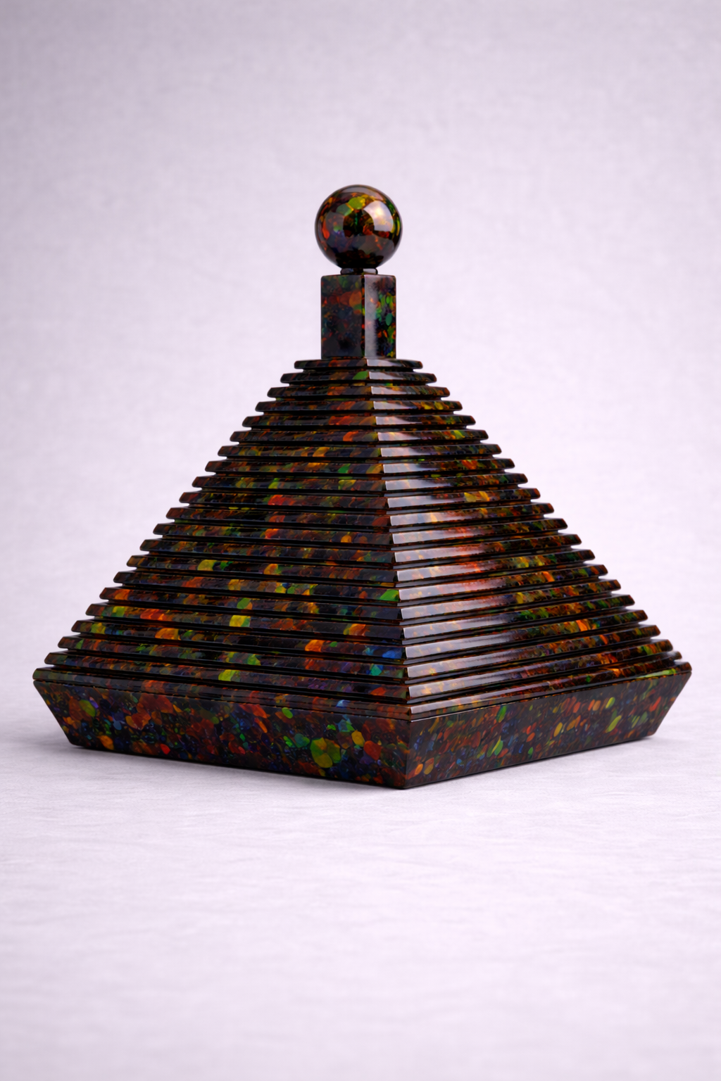 Decorative pyramid-shaped object with a multicolored opal pattern on a white background