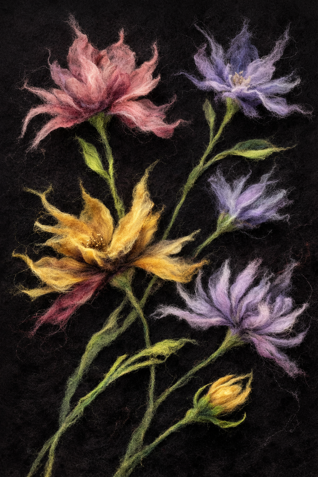 Needle felted textured wool multi colored flowers on a solid wool black swatch.