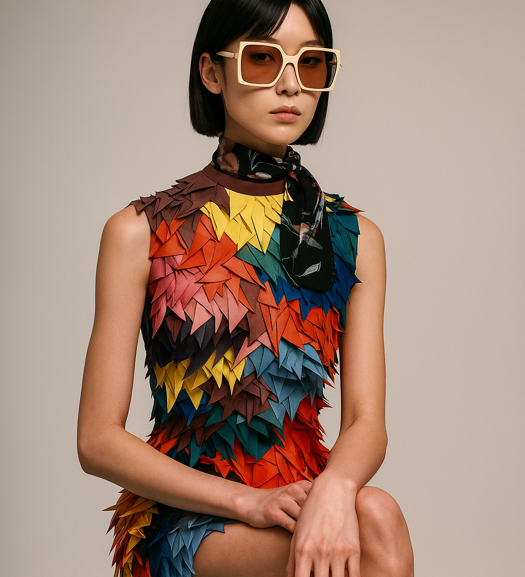 Woman model wearing a repurposed upcycled leather colorful, feather-like dress by Mimi Plange with oversize sunglasses on a neutral background