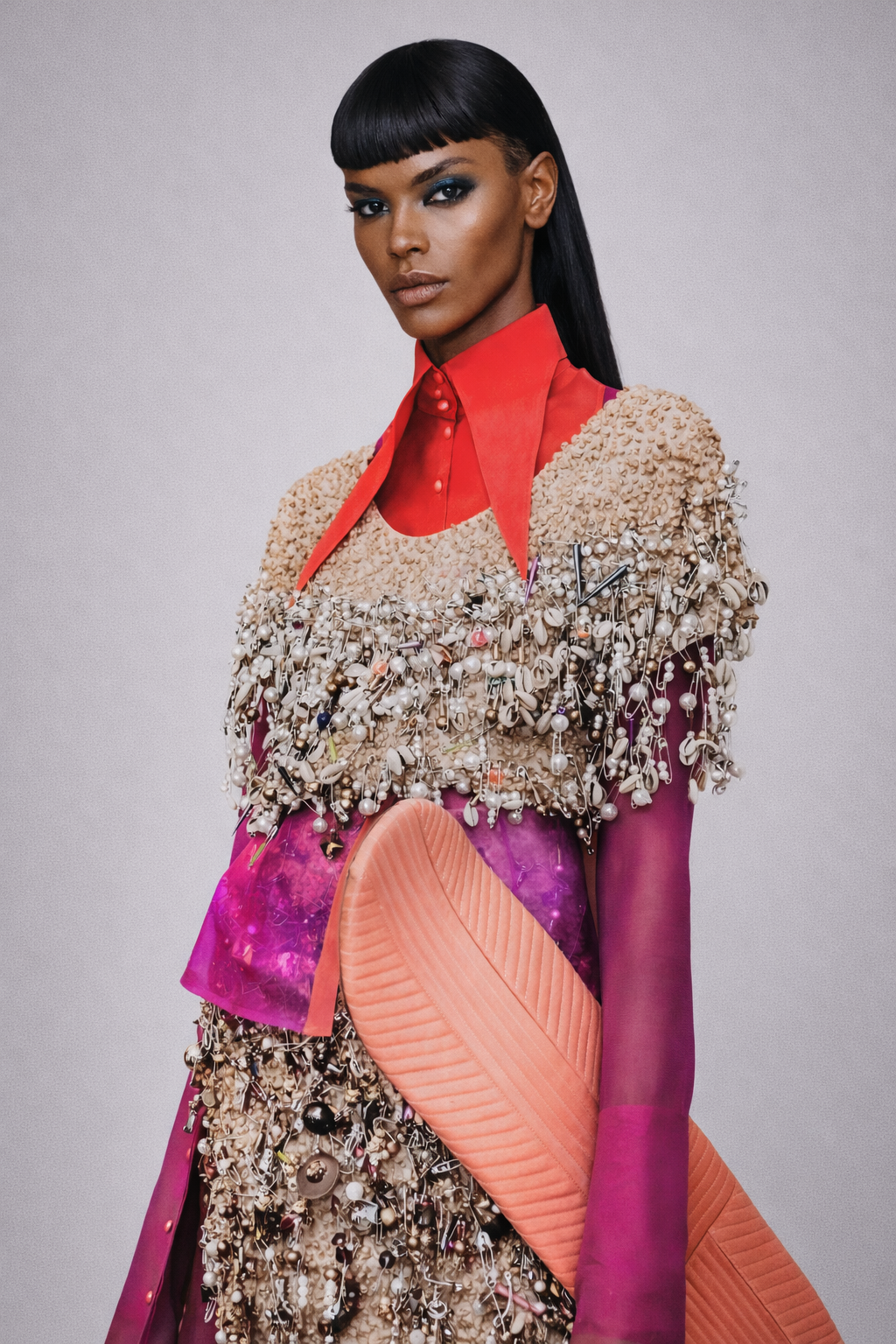 Model wearing a colorful outfit with a bright orange collar and pink sleeves with beaded crop top and skirt with jute and metal beads holding a coral leather skate deck on a gray background