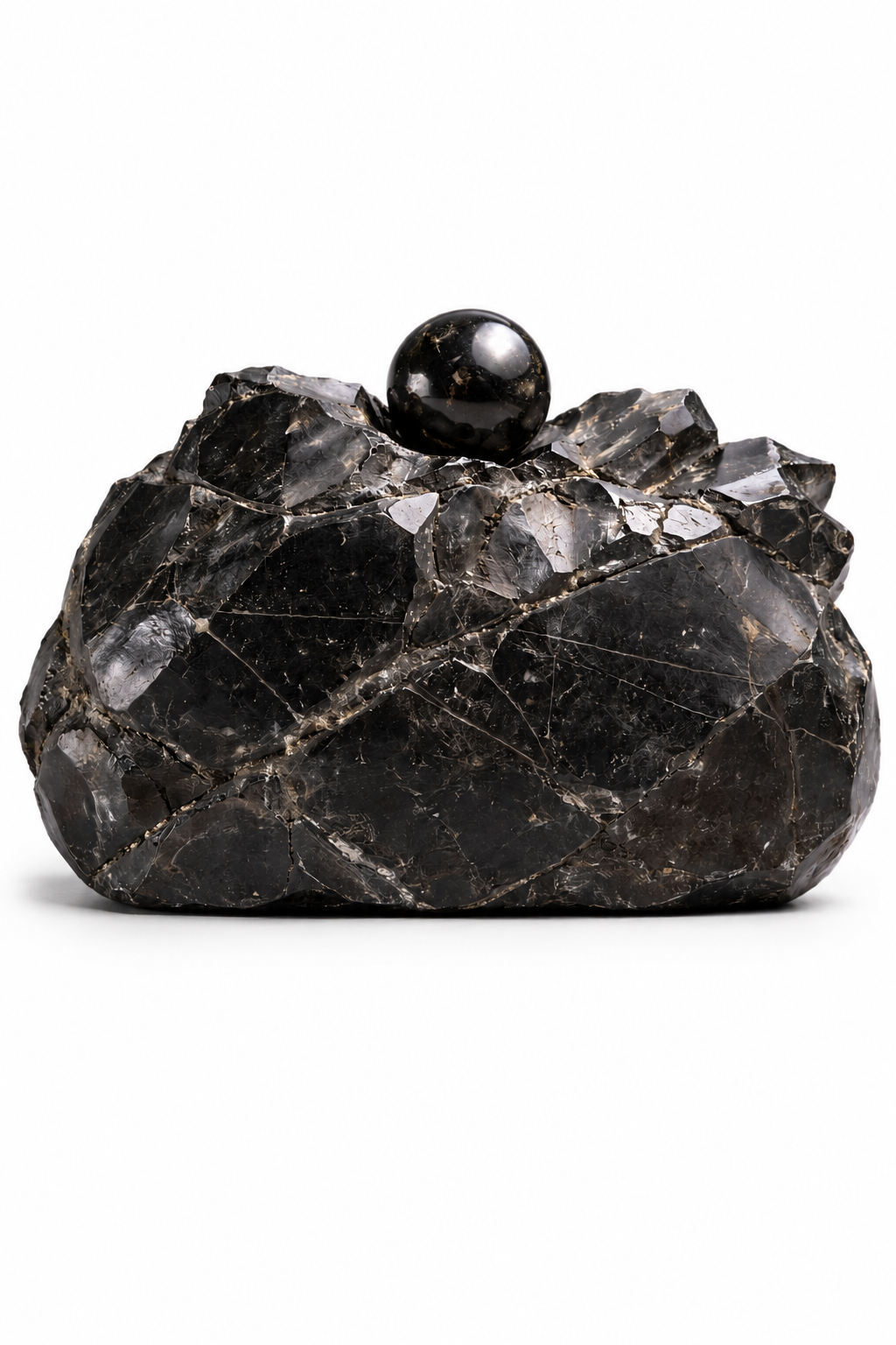 Black stone clutch bag with a spherical protrusion on a white background