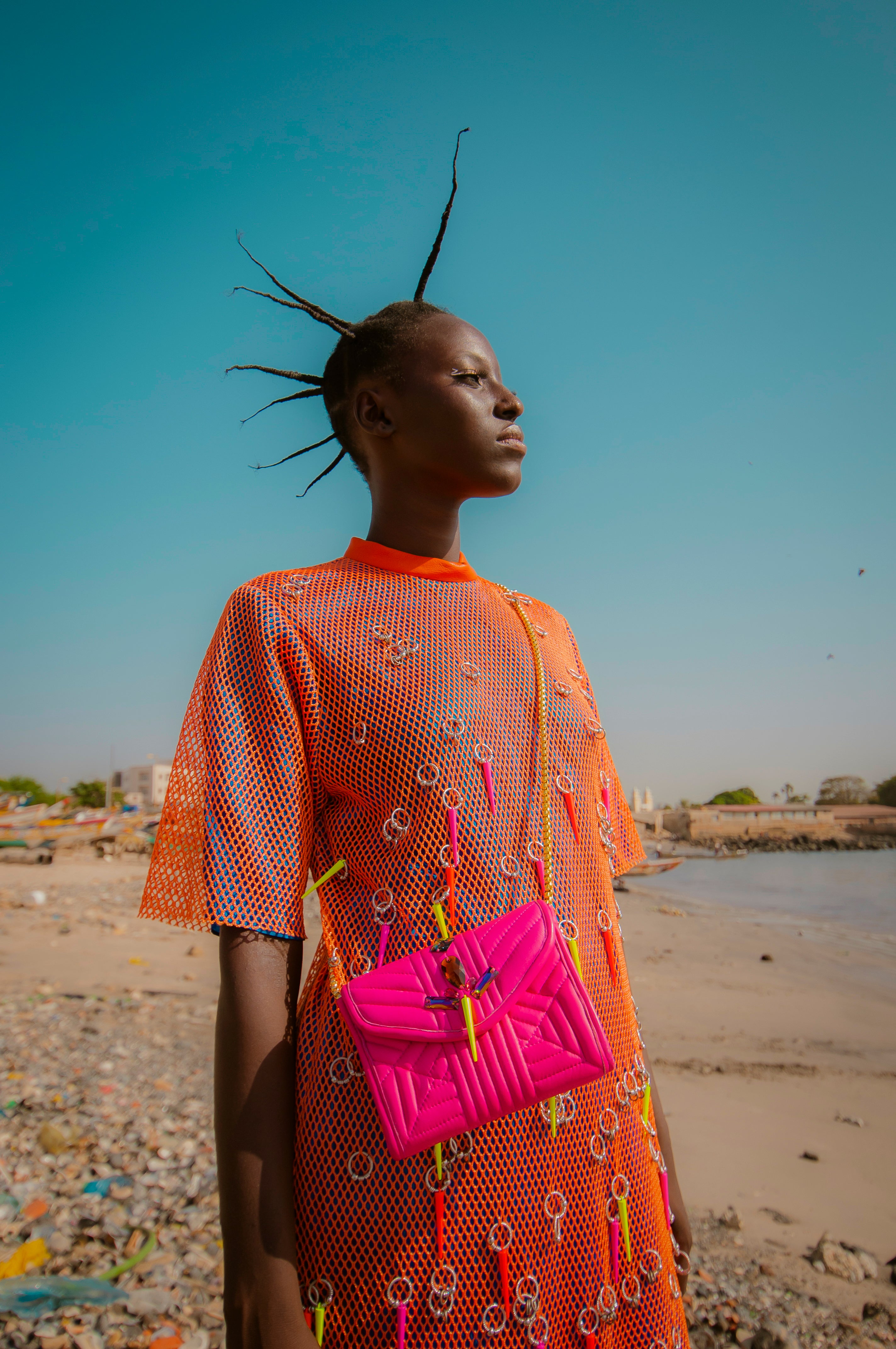 Trisha, Gothic Pierced Mesh Dress w/ Neon Spikes - Mimi Plange