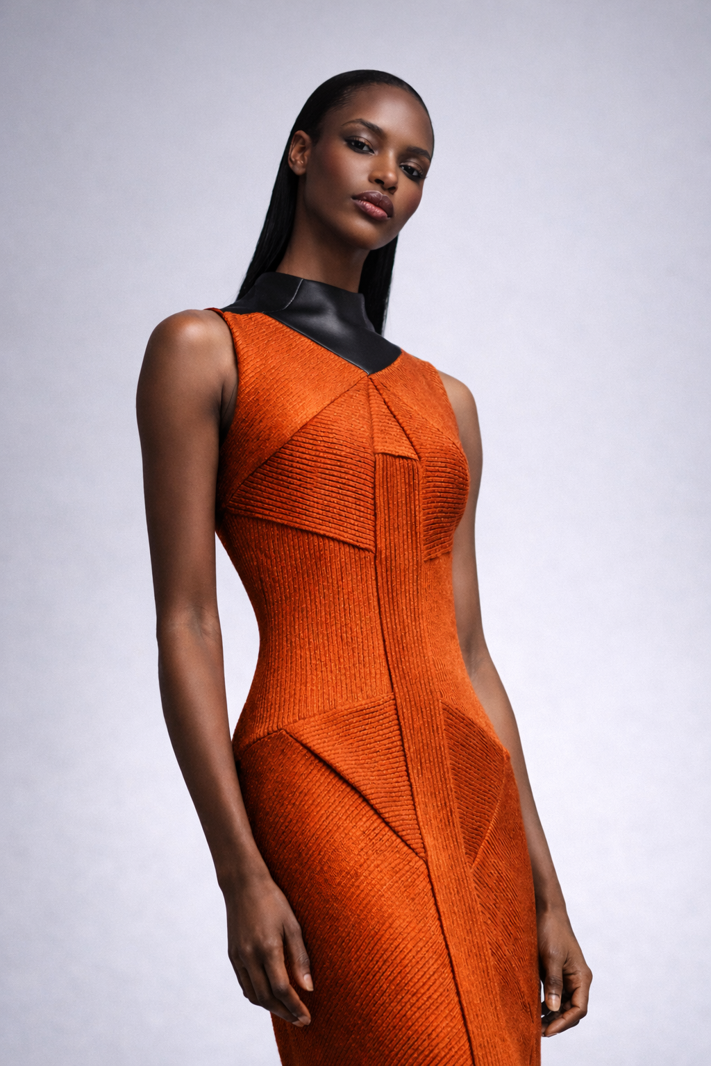 Woman wearing an rust wool gabardine dress with intricate quilted details with a black collar against a gray background