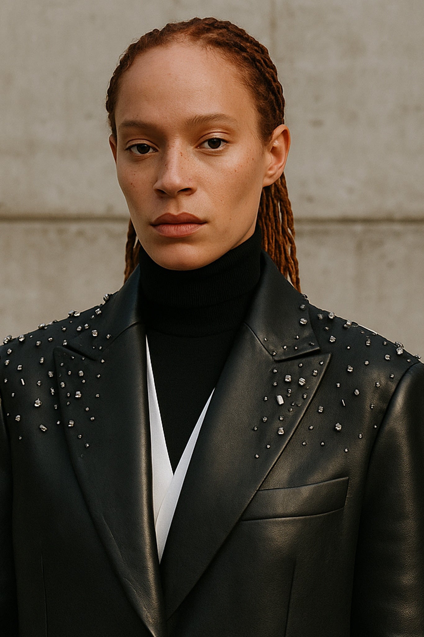 Model wearing a black leather jacket with embellishments, rhinestones and metal embroidered against a neutral background