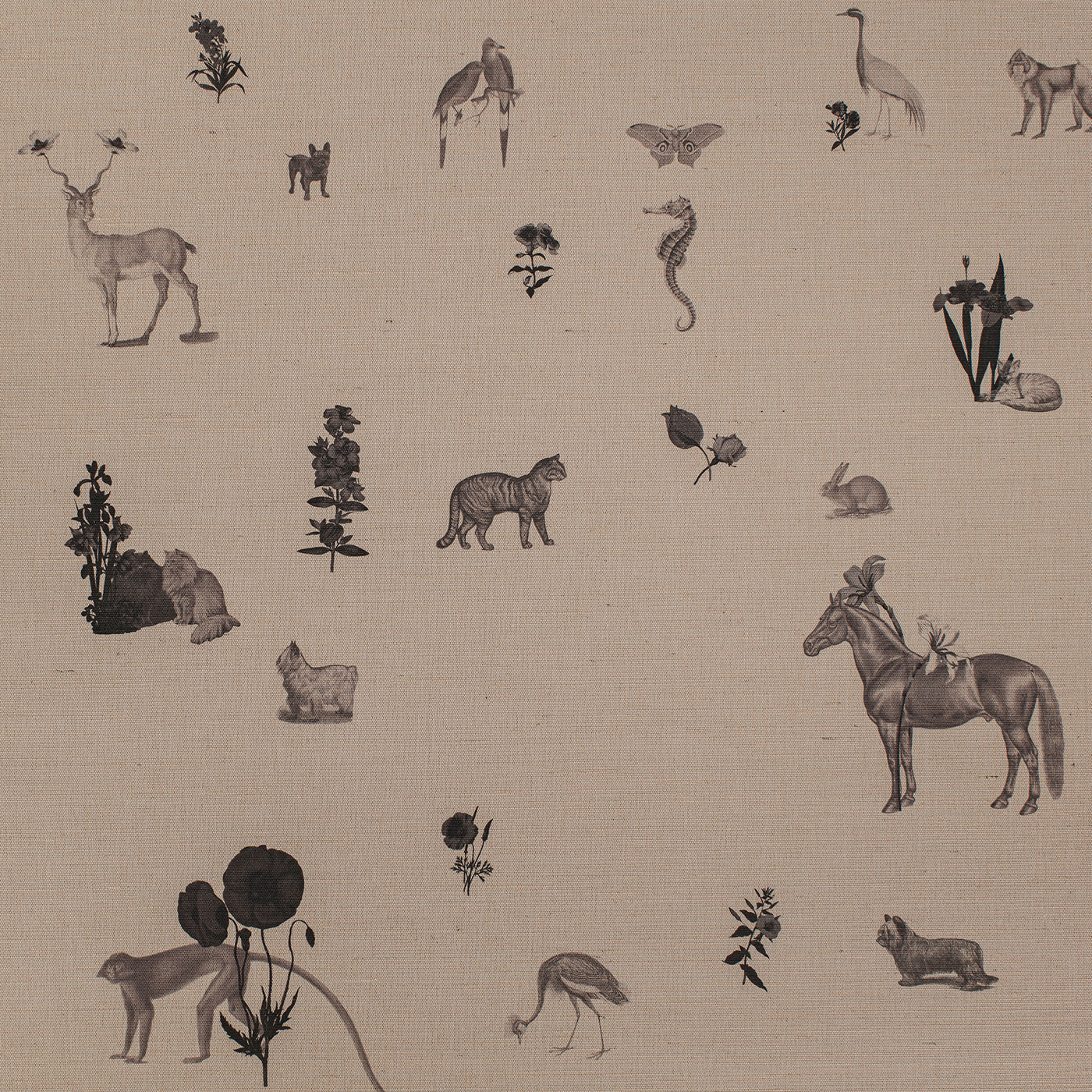 Vintage Victorian Illustrations of Abstract Animal kingdom window treatments, shades textile with Pattern of black animals and plants on a beige background by The Shade Store and Mimi Plange