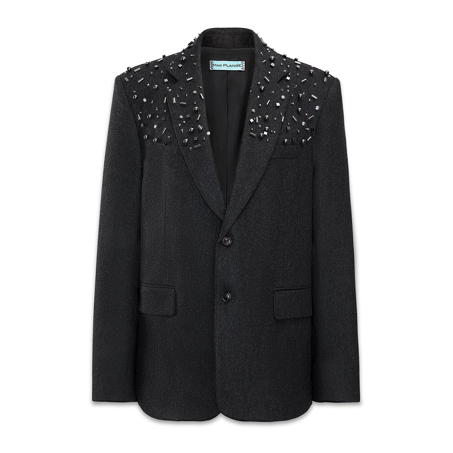 A charcoal gray wool oversize boyfriend blazer with geometric metal studs, rhinestones, and silver bead embroidery on the shoulders by Mimi Plange