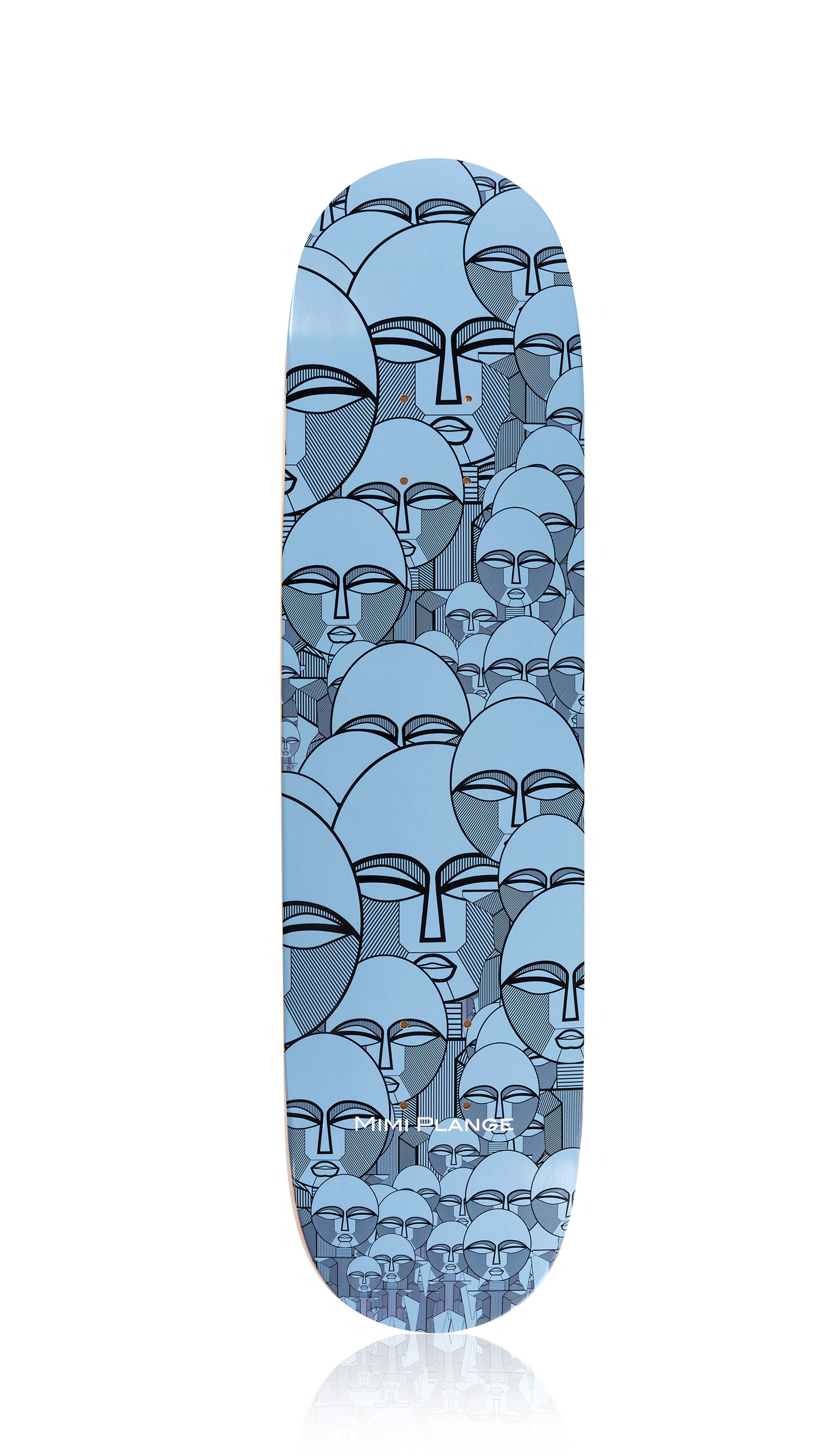 Skateboard deck with blue abstract Akan Ashanti Doll pattern on a white background