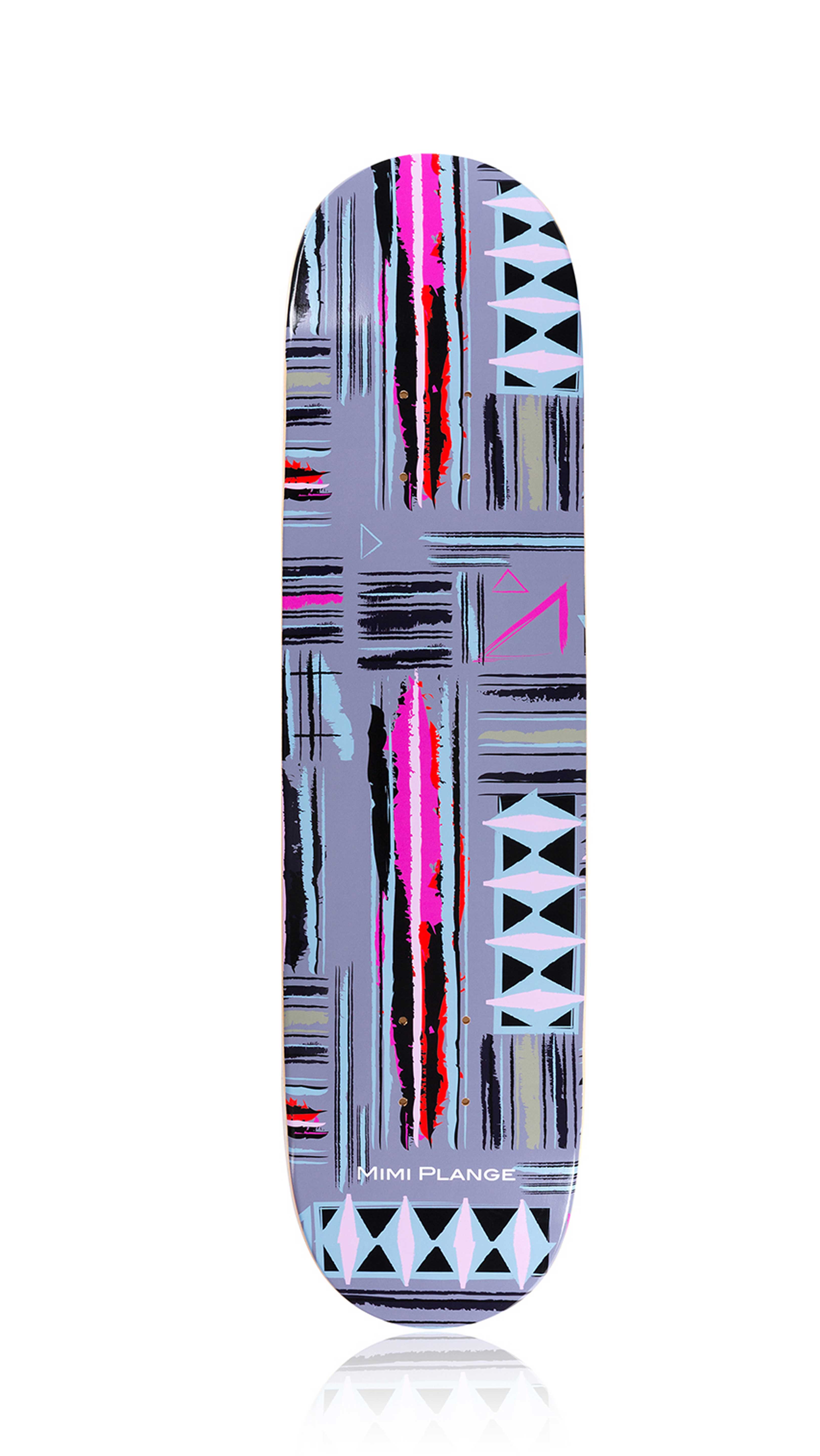 Skateboard deck with geometric kente cloth pattern on a white background