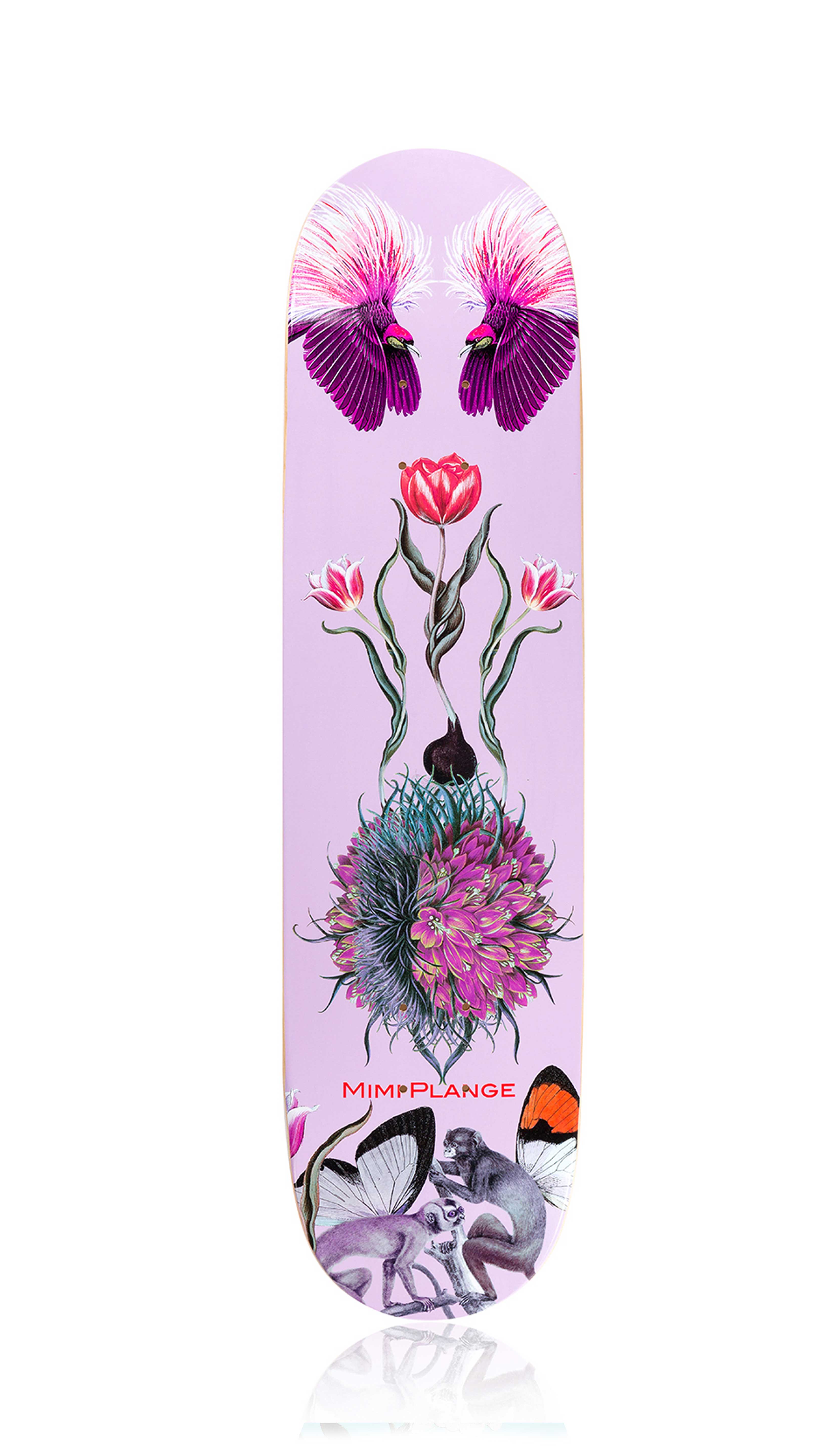 Pink Skateboard deck with floral, monkey, birds and butterfly design on a pink background