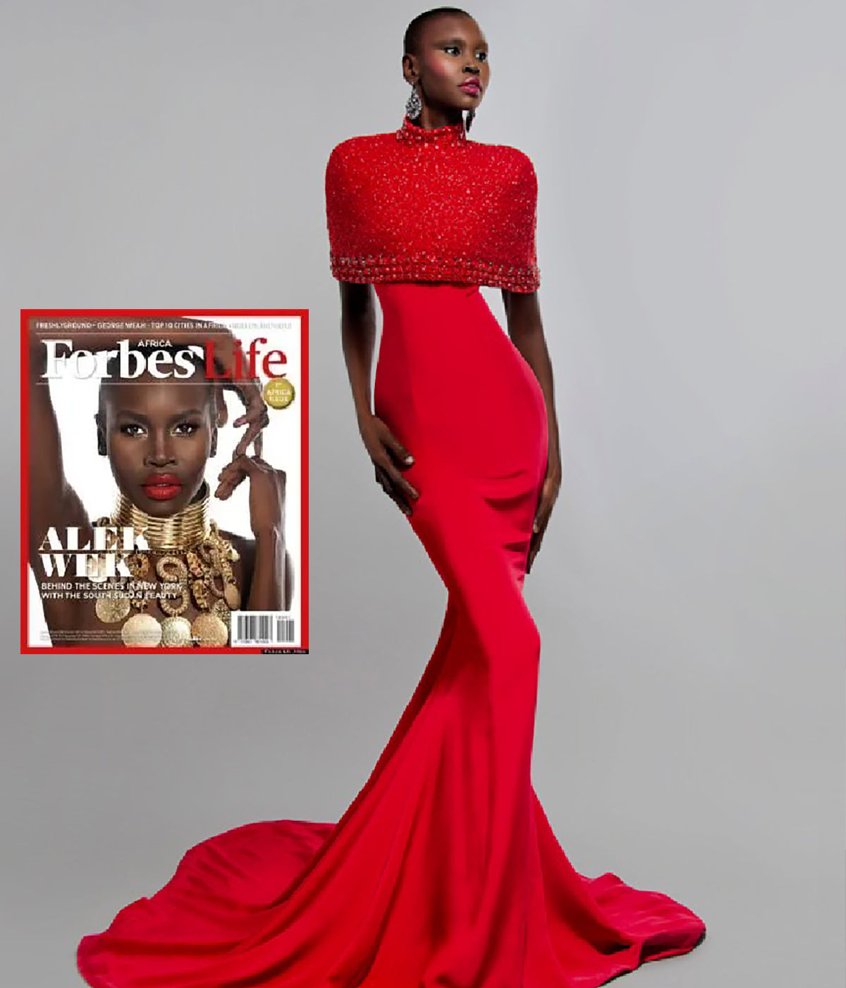 Supermodel Alek Wek wears Mimi Plange Hand embroidery red silk gown for Forbes Magazine