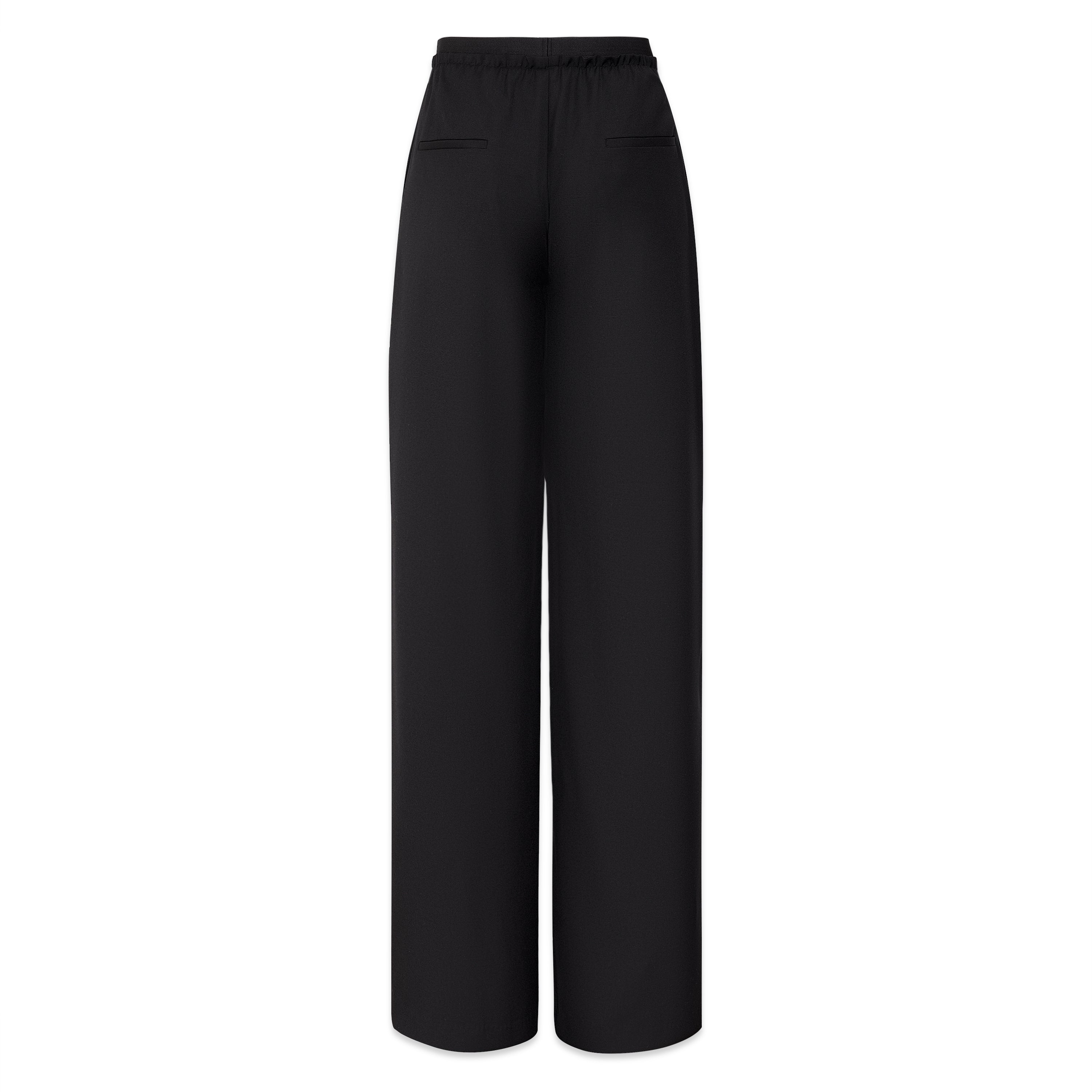 Mimi Plange back view of Black wide-leg pants with elastic waistband on a white background