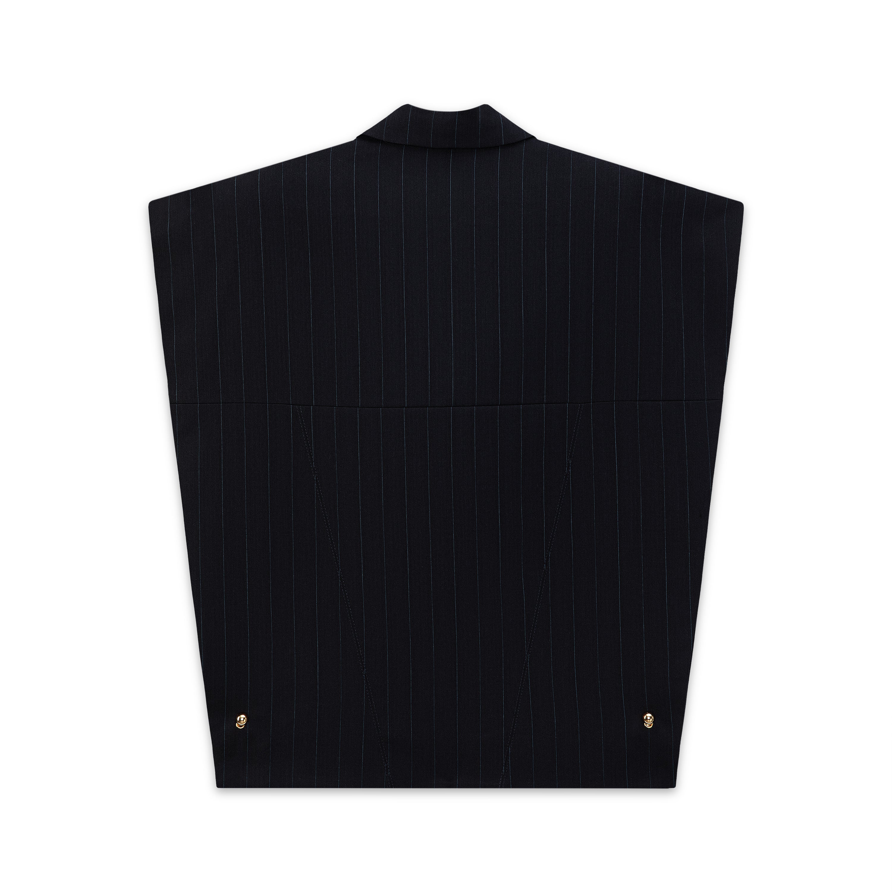 Back view of Navy Pinstripe blazer cape by Mimi Plange with gold accents