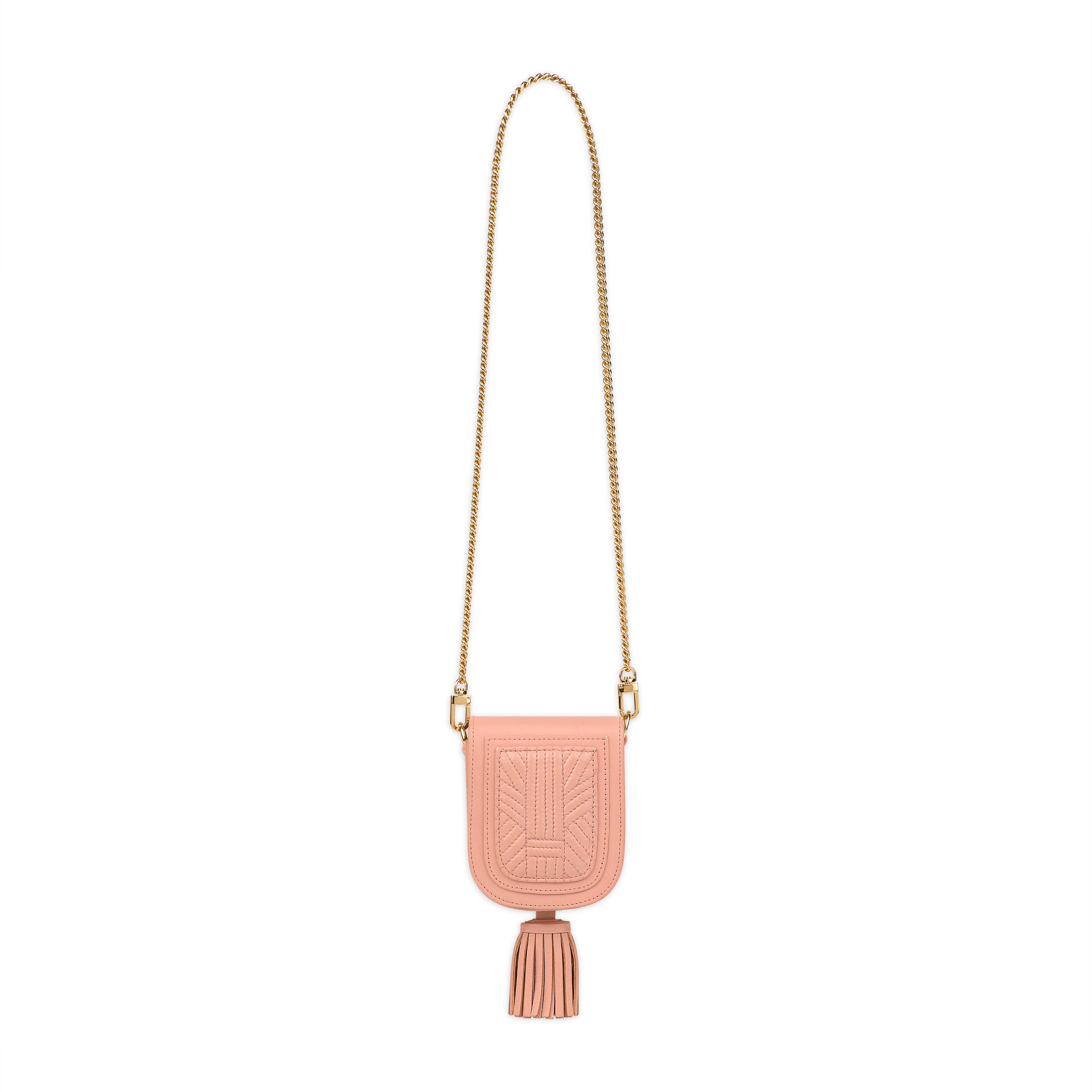 Leather Dusty Rose Pink handbag with a gold chain strap and leather tassel on a white background