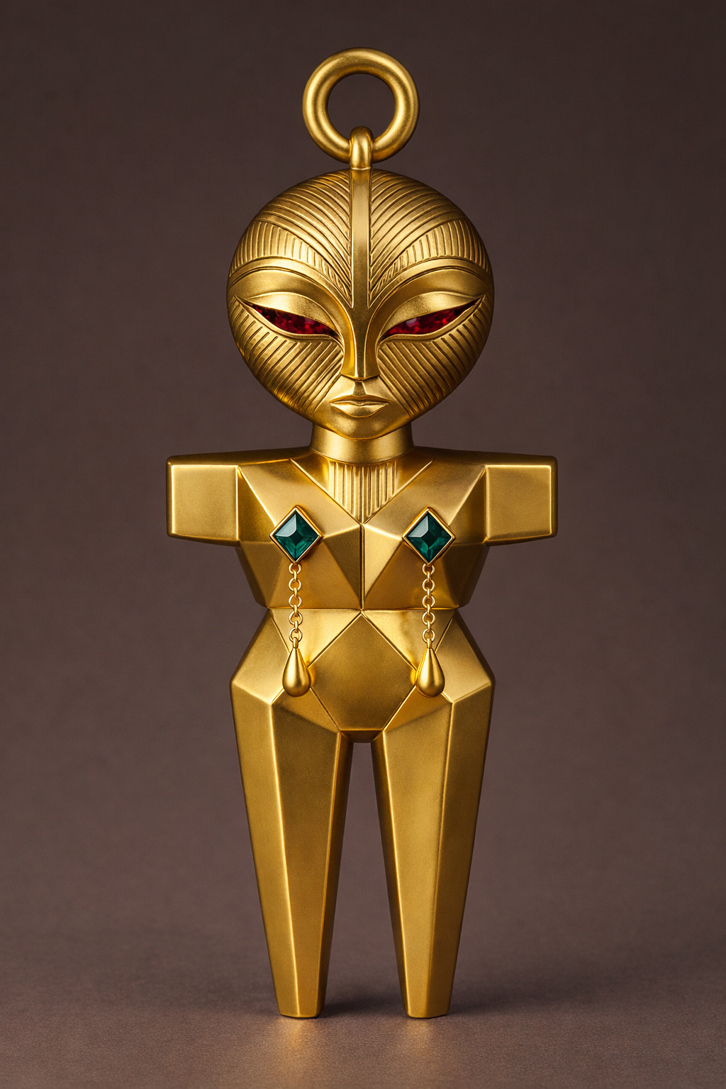 Gold alien Akan doll figurine bag charm with red eyes and green gemstones on a brown background