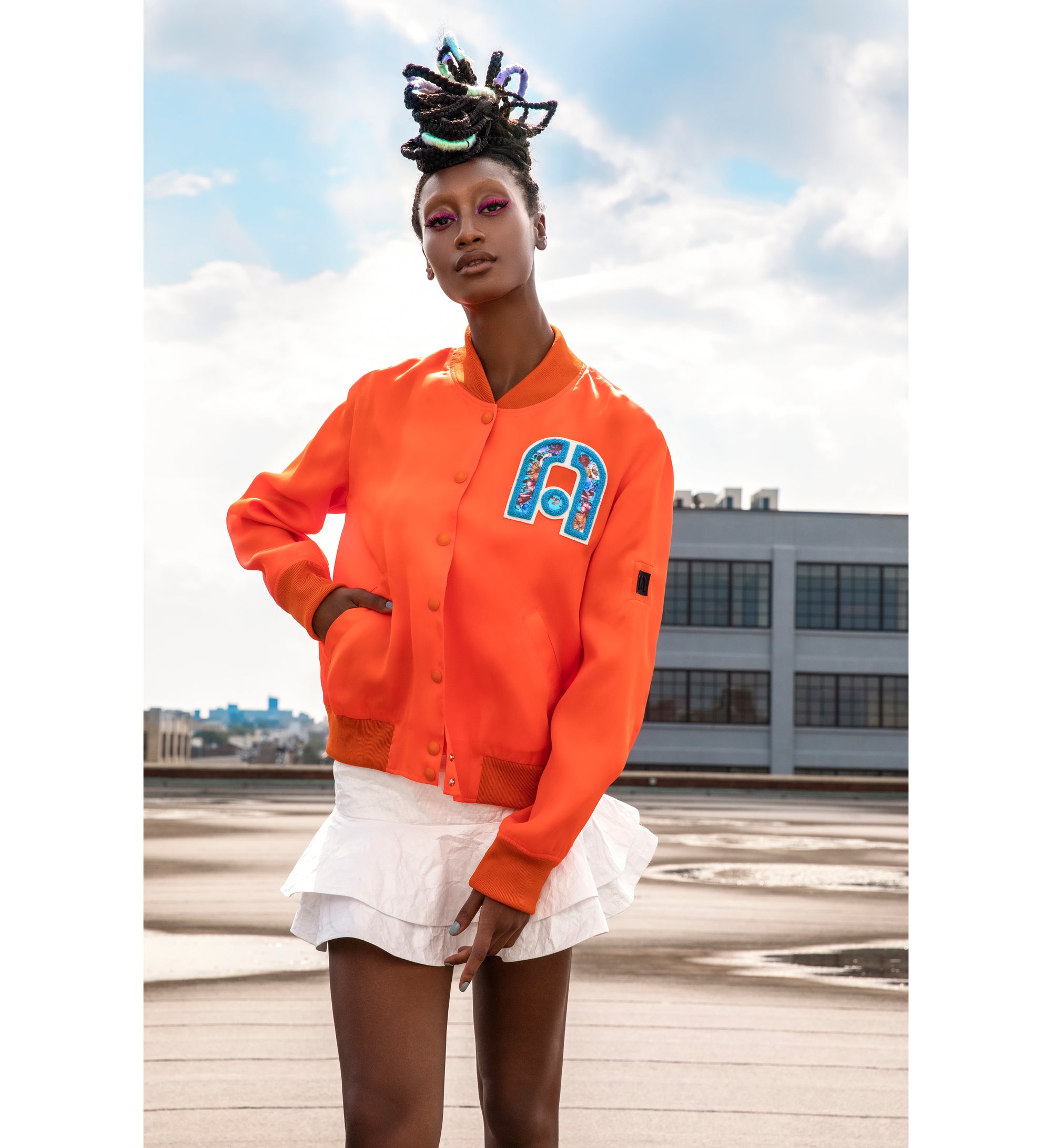 Mimi Plange Love Unfashion Collection Spring Summer Sustainable Fashion African Inspired Fashion Varsity Jacket in Bright Orange Silk  and Tyvek Skirt