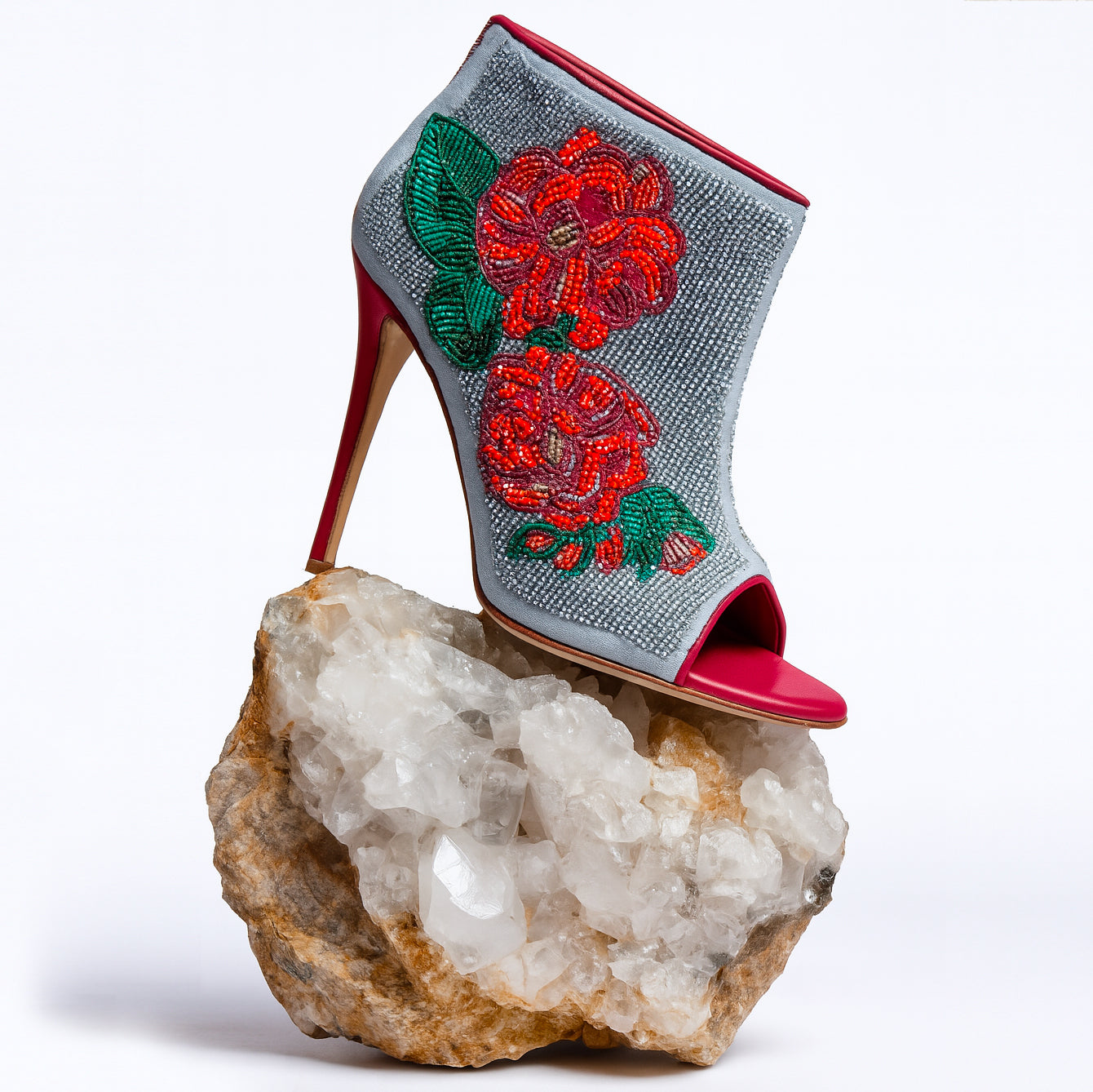 Seed bead Embroidered high-heeled shoe with red flowers on a crystal rock by Manolo Blahnik x Mimi Plange