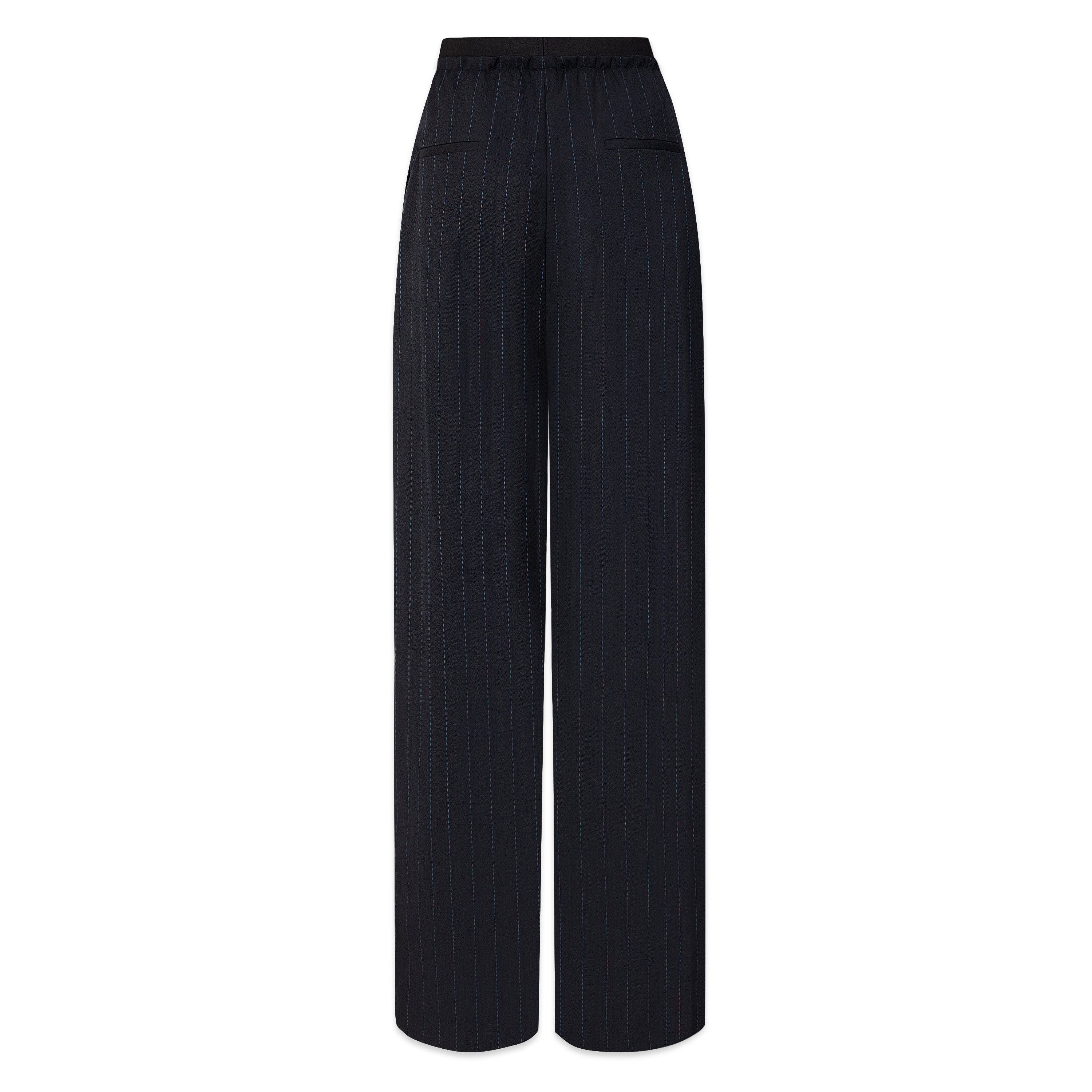 Backview, womens Navy Pinstripe trousers with elastic waistband