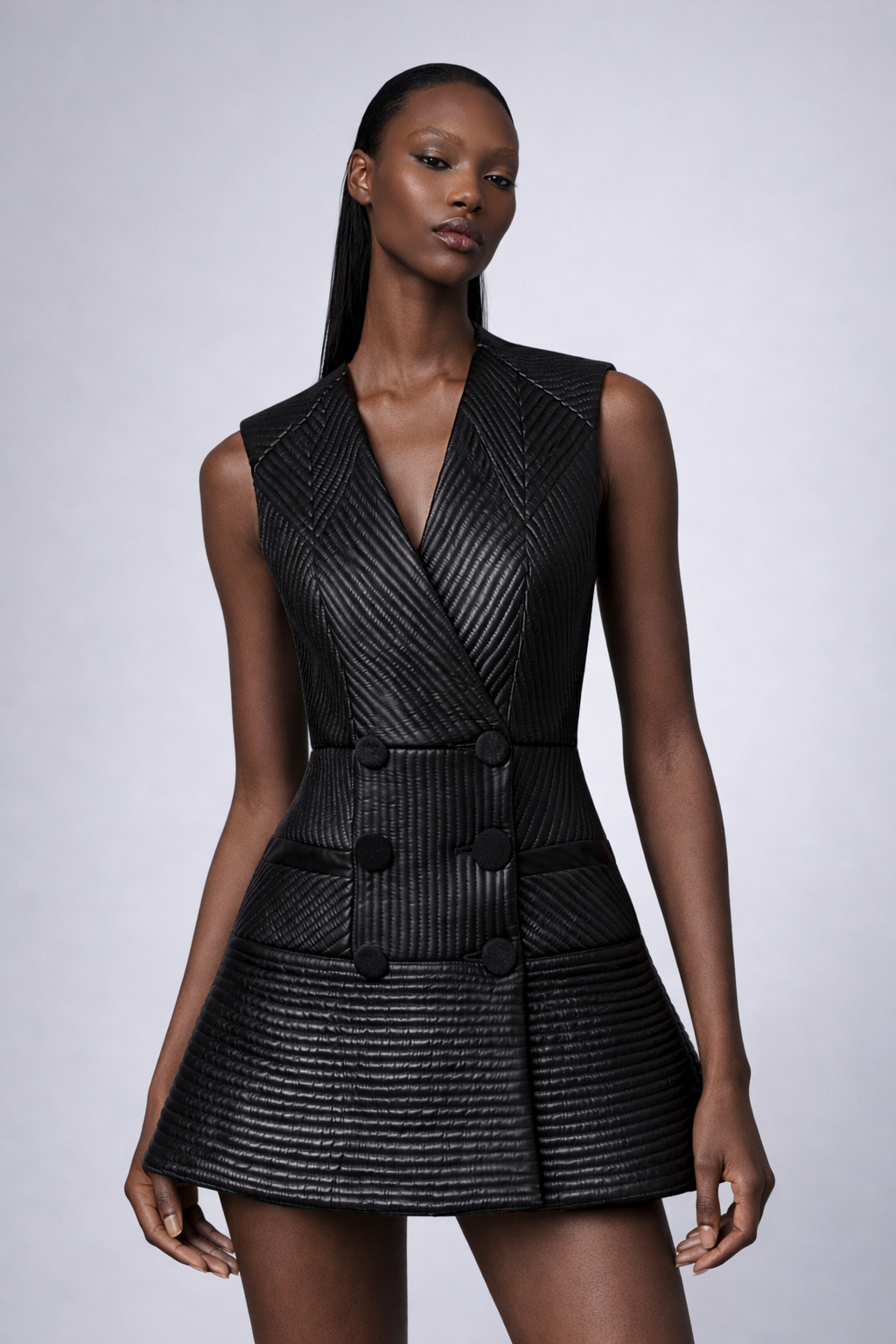 A model wears a short leather double breasted quilted mini dress with multiple lines in several directions on a neutral background