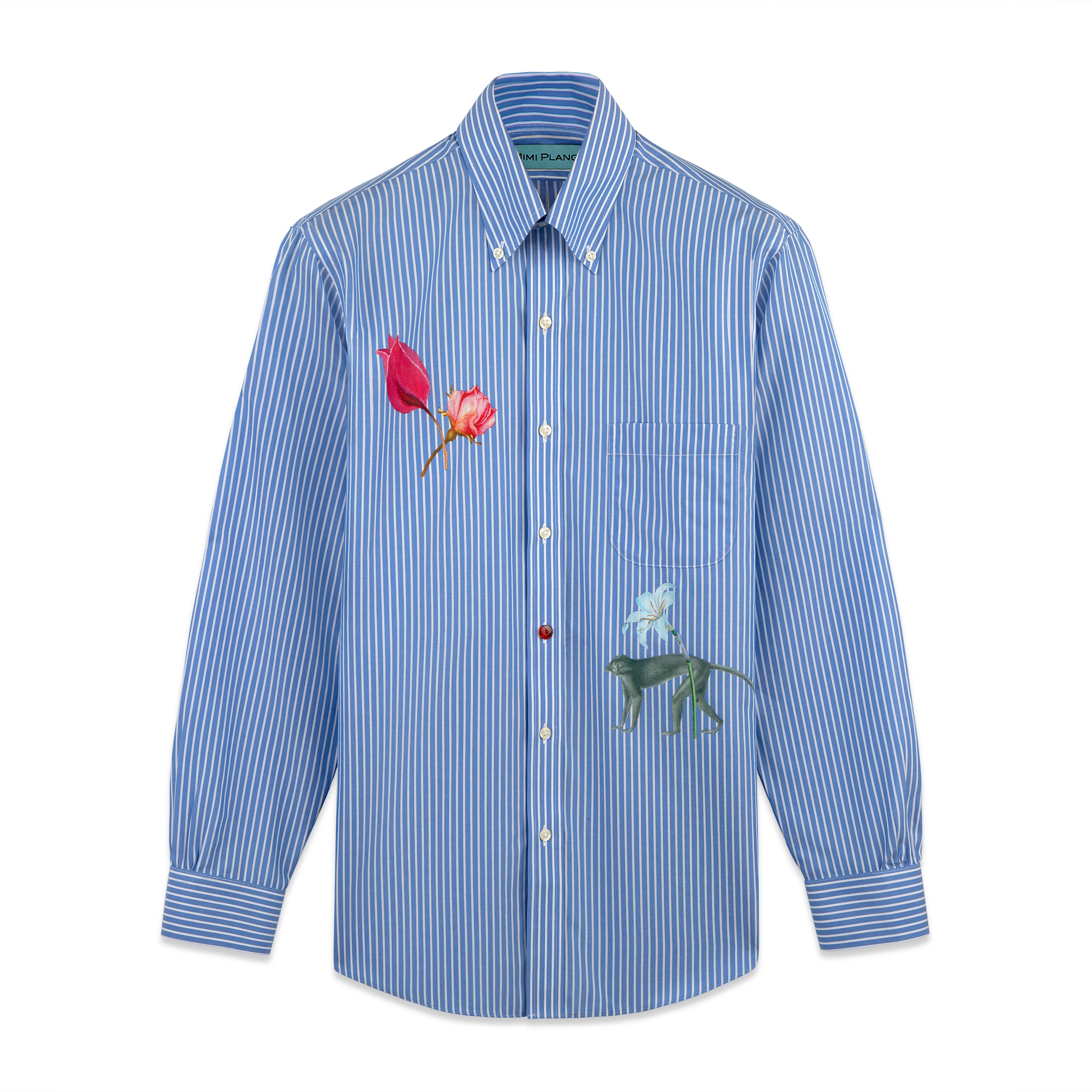 Blue striped shirt with Victorian illustration floral and monkey print on a white background