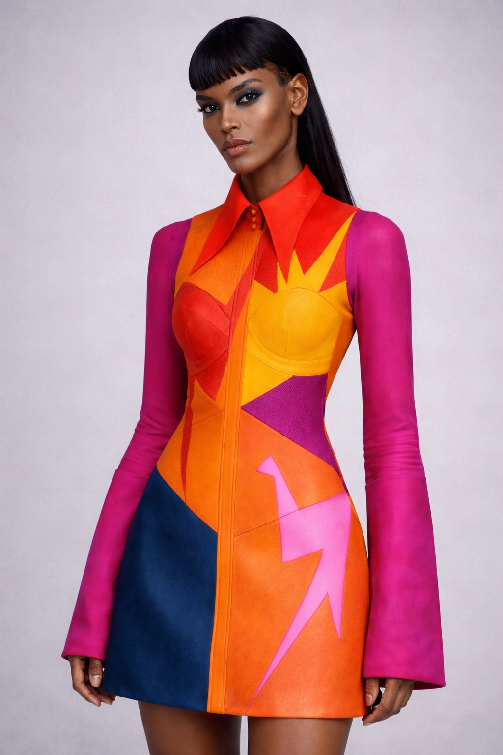 Model wearing a colorful handpainted dress with geometric patterns on a plain background
