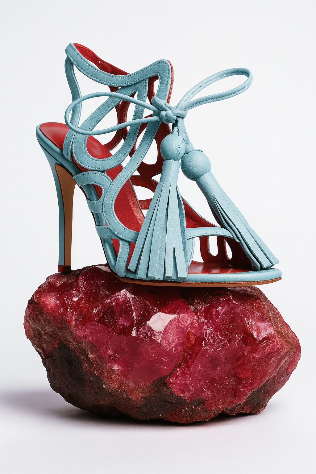 Sky Blue high-heeled laser cut leather stiletto shoe with tassel on a red crystal rock by Manolo Blahnik x Mimi Plange