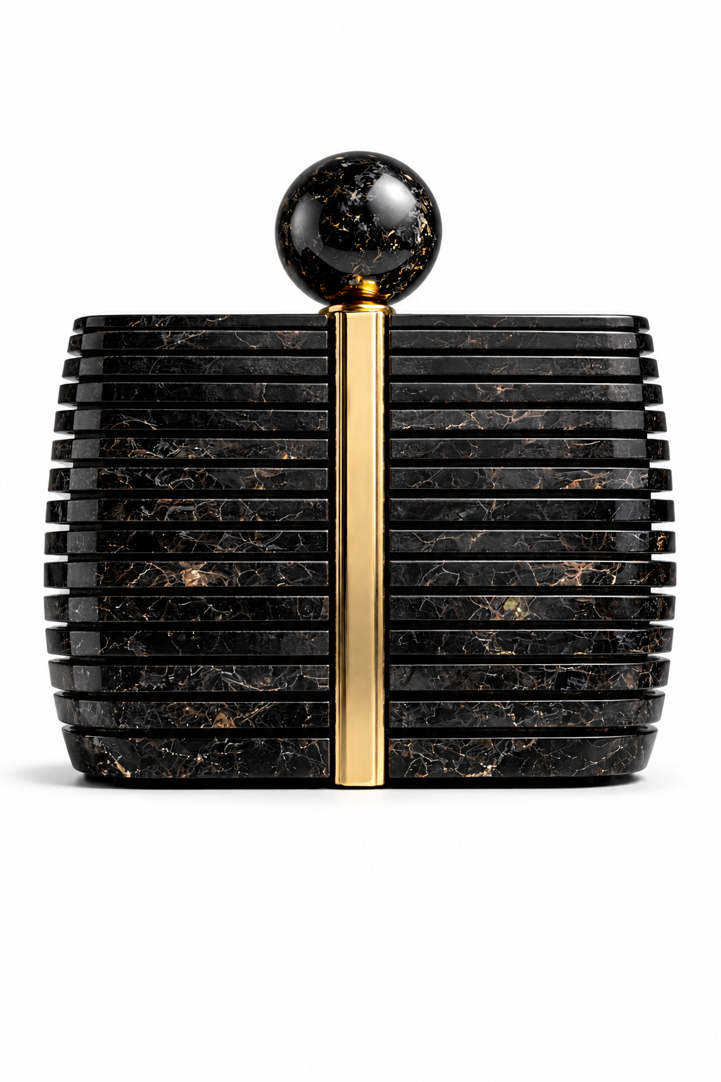Black marble clutch with gold accent on a white background