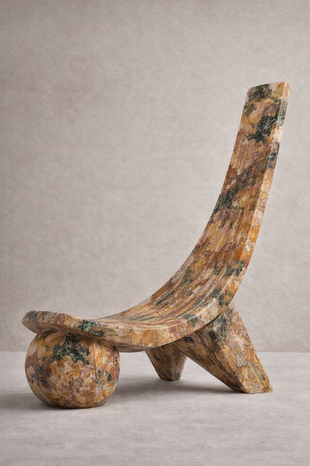 Decorative stone sculpture with a curved backrest and spherical base on a neutral background