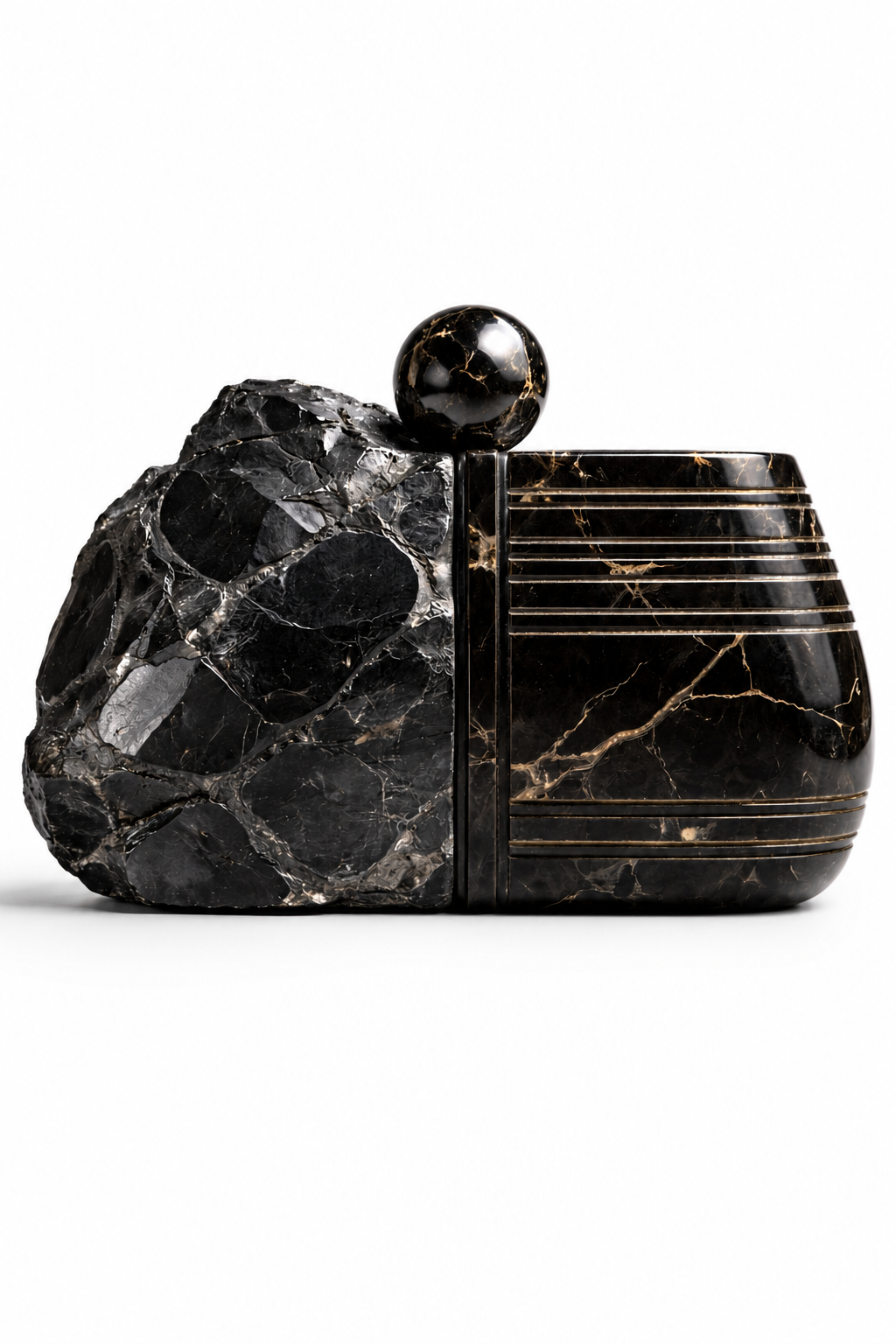 Black marble sculpture clutch bag on a white background