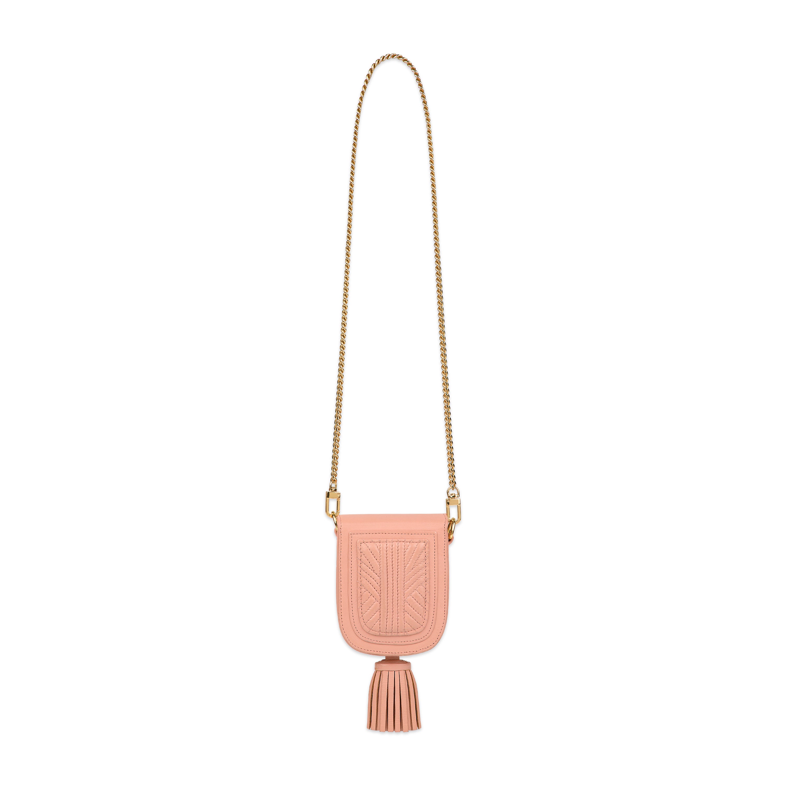 Dustry Rose Pink handbag with gold chain and leather tassel with Mimi Plange signature scarification inspired quilting