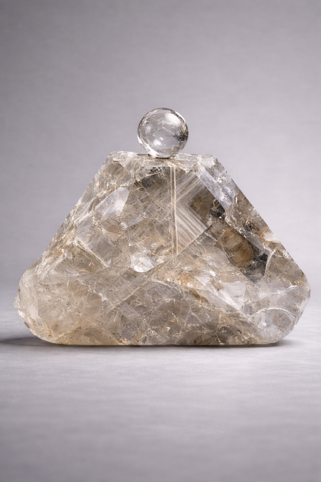 Crystal pyramid clutch bag with a sphere on top against a gray background