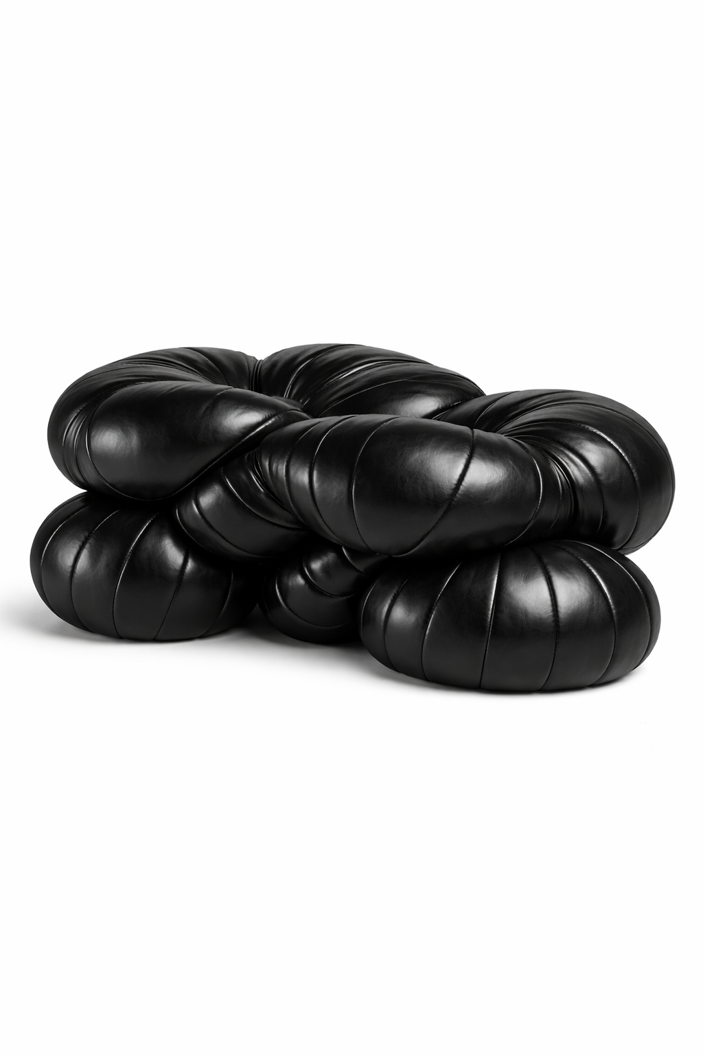 Black leather knot-shaped ottoman on a white background