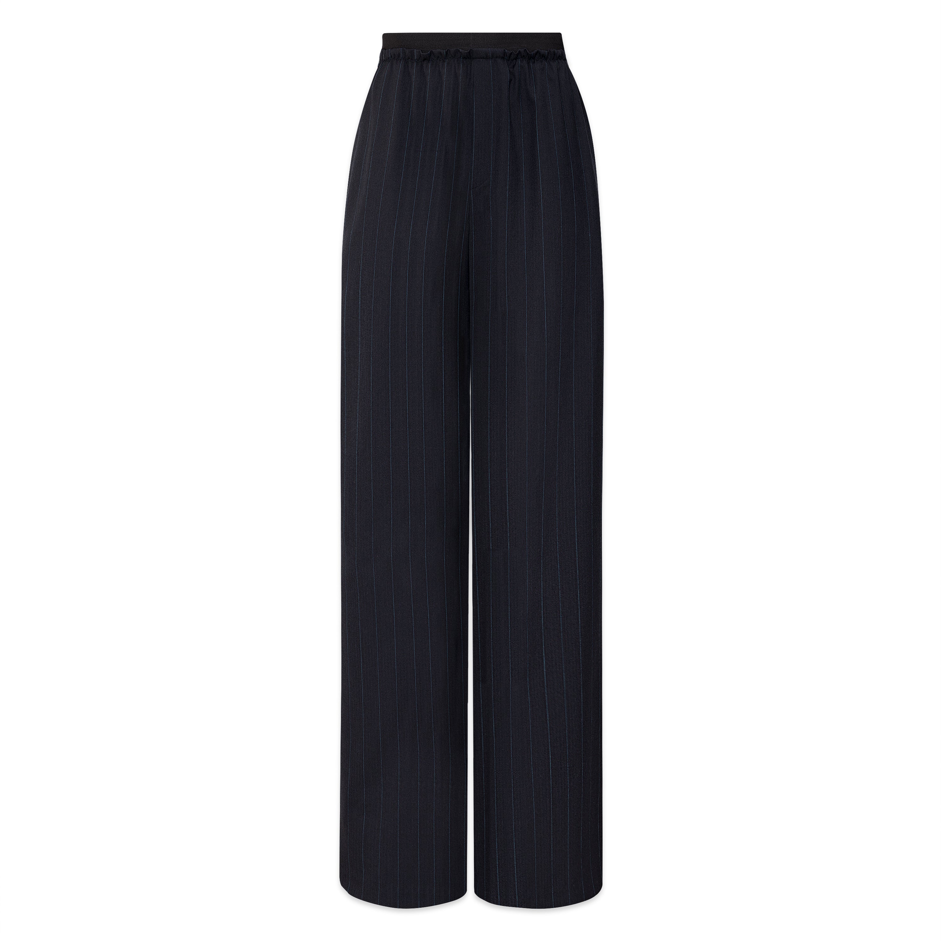 Navy pinstripe wide leg trousers with elastic waistband by Mimi Plange