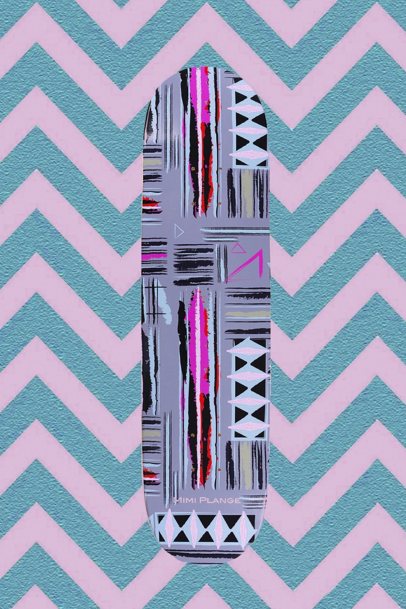 Skateboard skate art deck with abstract kente print with geometric patterns on a chevron background 