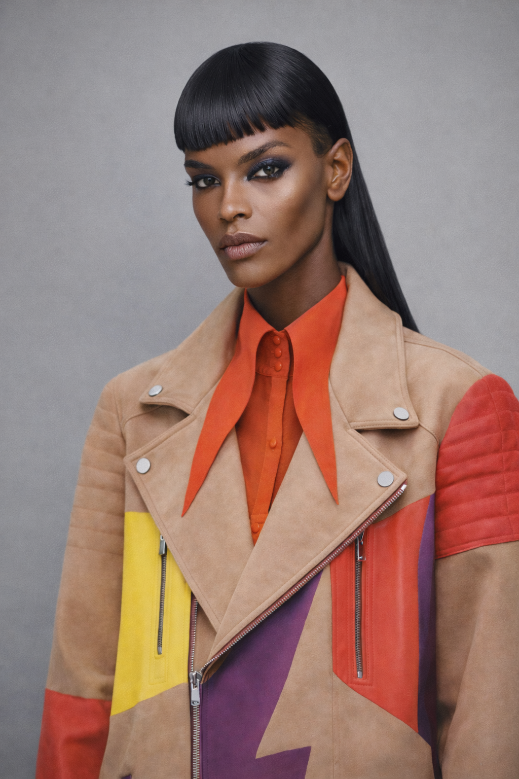 Model wearing a colorful hand painted suede  jacket with a neutral background