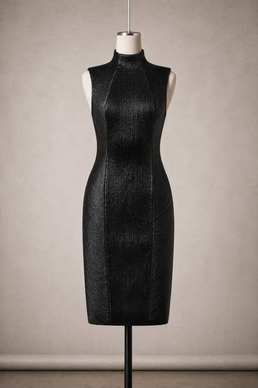 Black leather trapunto embroidery dress on a mannequin against a plain background
