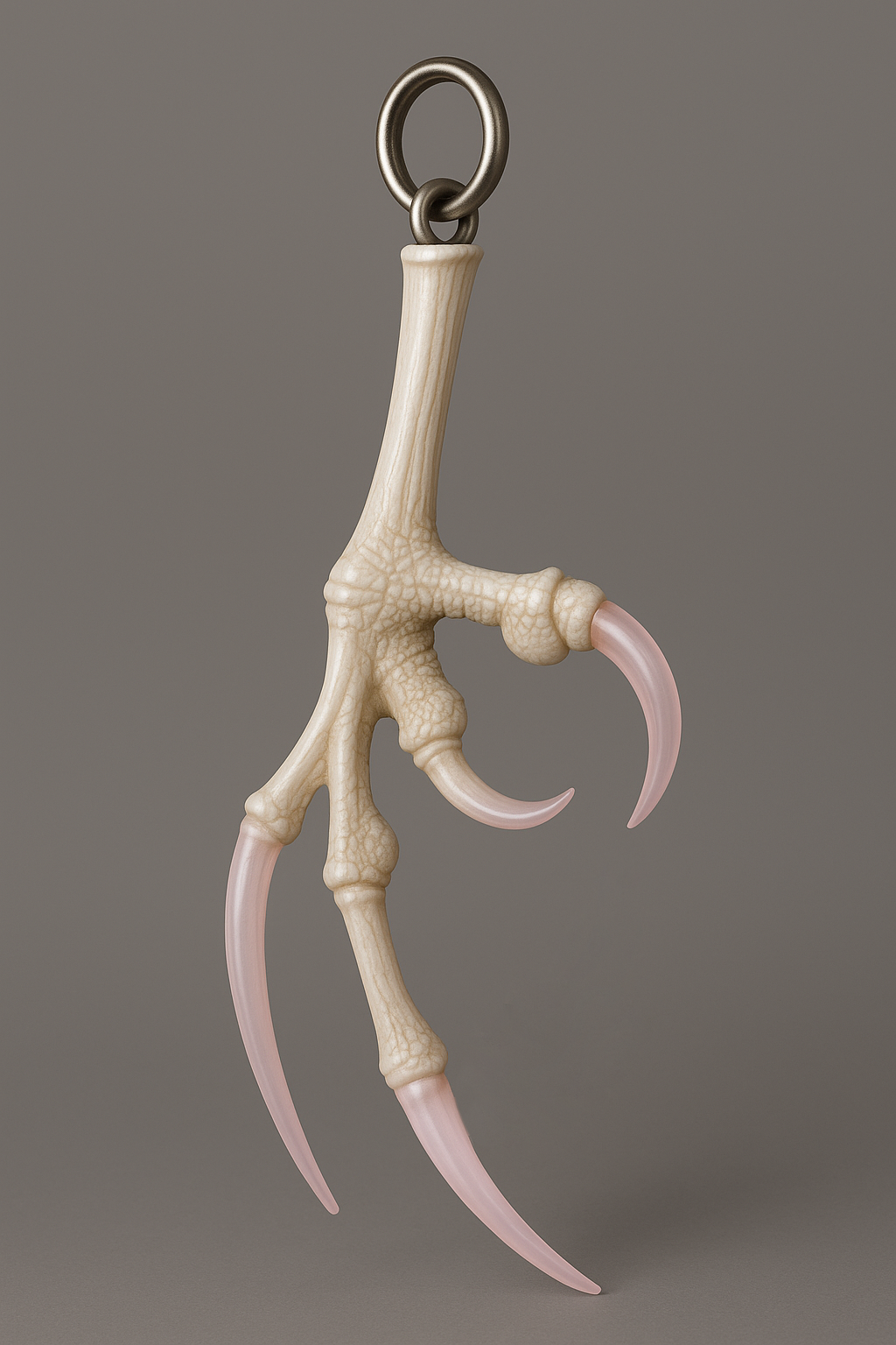 Pendant resembling a bird's claw with pink talons on a gray background