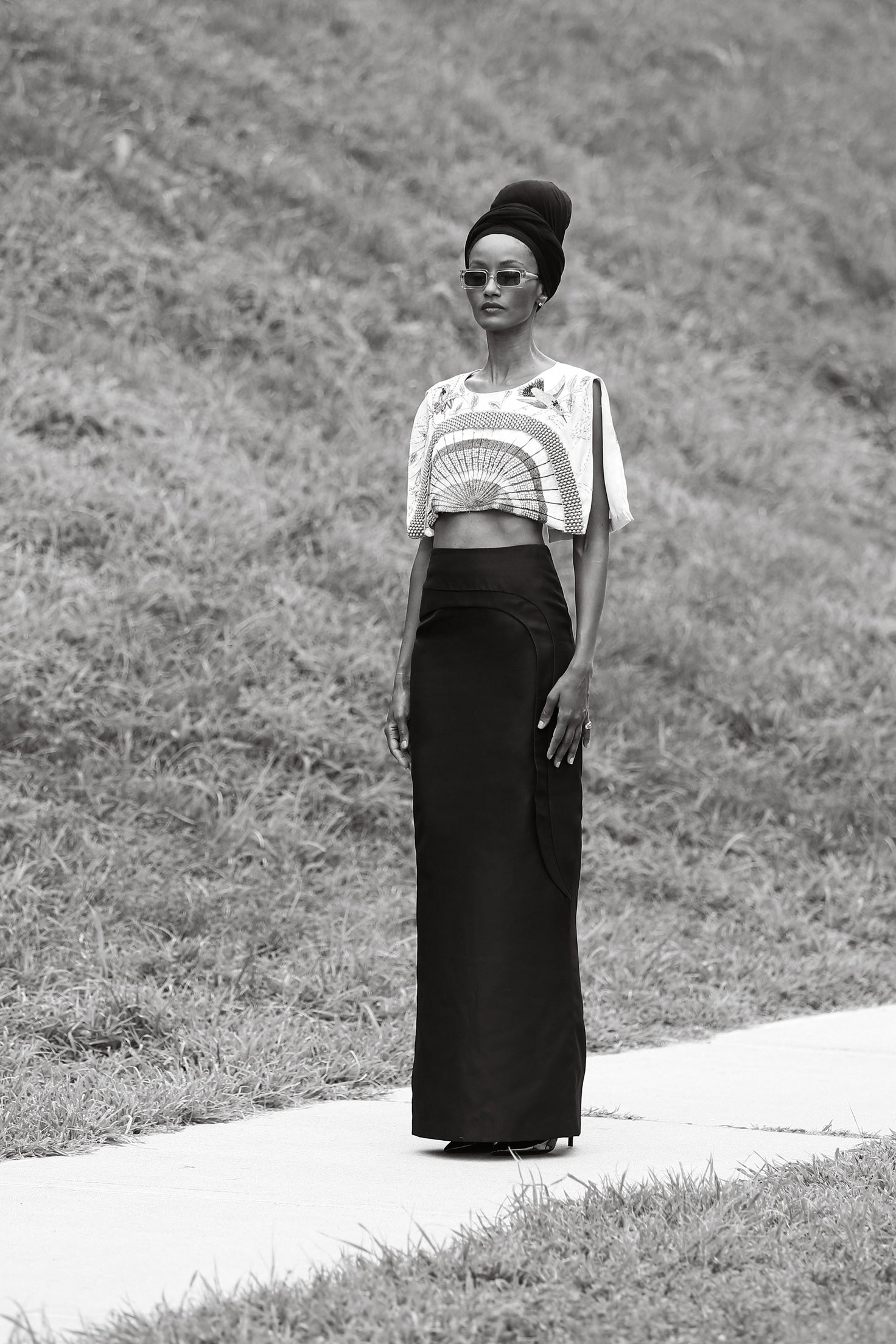 Rwanda model Paradise Winslet wears Mimi Plange hand embroidery crop cape with maxi silk skirt