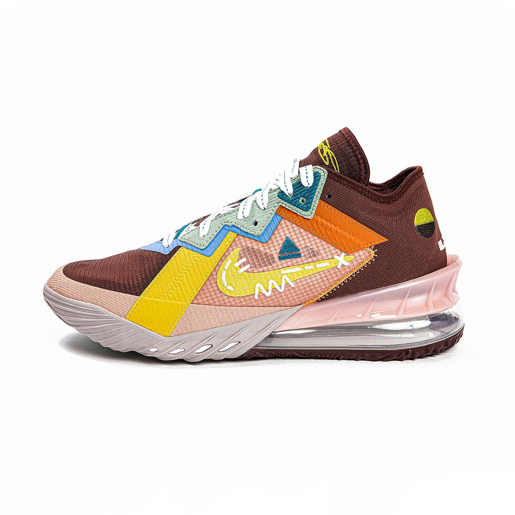 Multicolored sneaker with a unique design on a white background